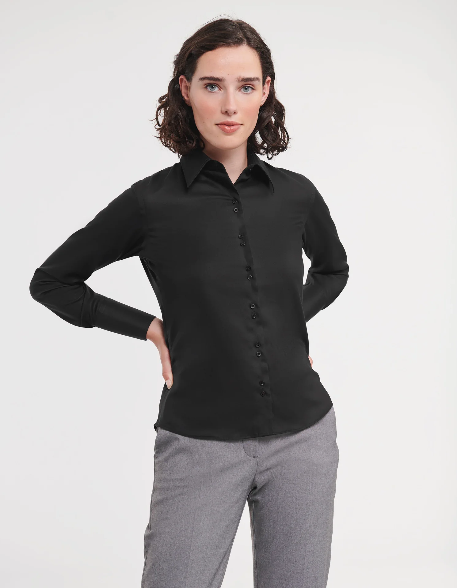 russell-r956f-ladies-ls-ultimate-non-iron-shirt-black-model-1 Russell Ladies Long Sleeve Ultimate Non-Iron Shirt