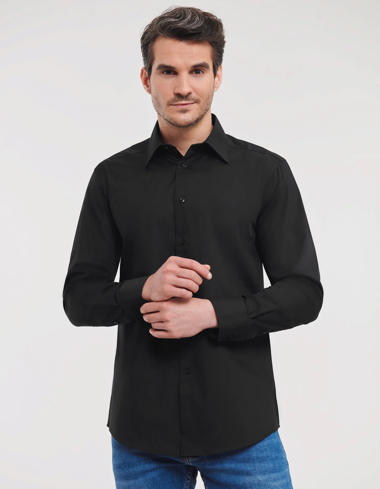 russell-r924m-mens-ls-poly-cotton-easy-care-tailored-poplin-shirt-black-model-1 Russell Men's Long Sleeve Polycotton Easy Care Tailored Poplin Shirt