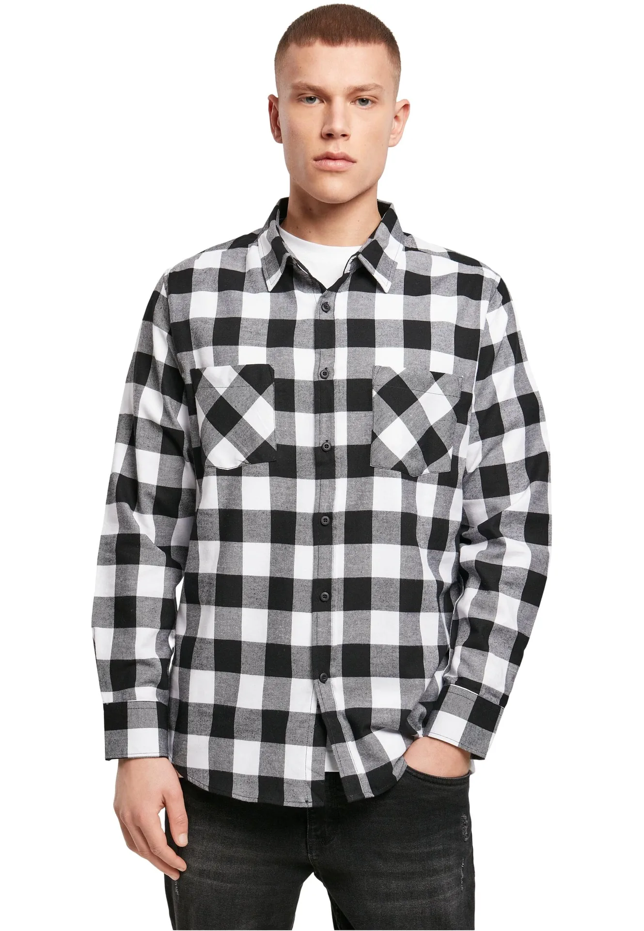 BYB-BY031-checked-flannel-shirt-black-white-model-0 Build Your Brand Checked Flannel Shirt