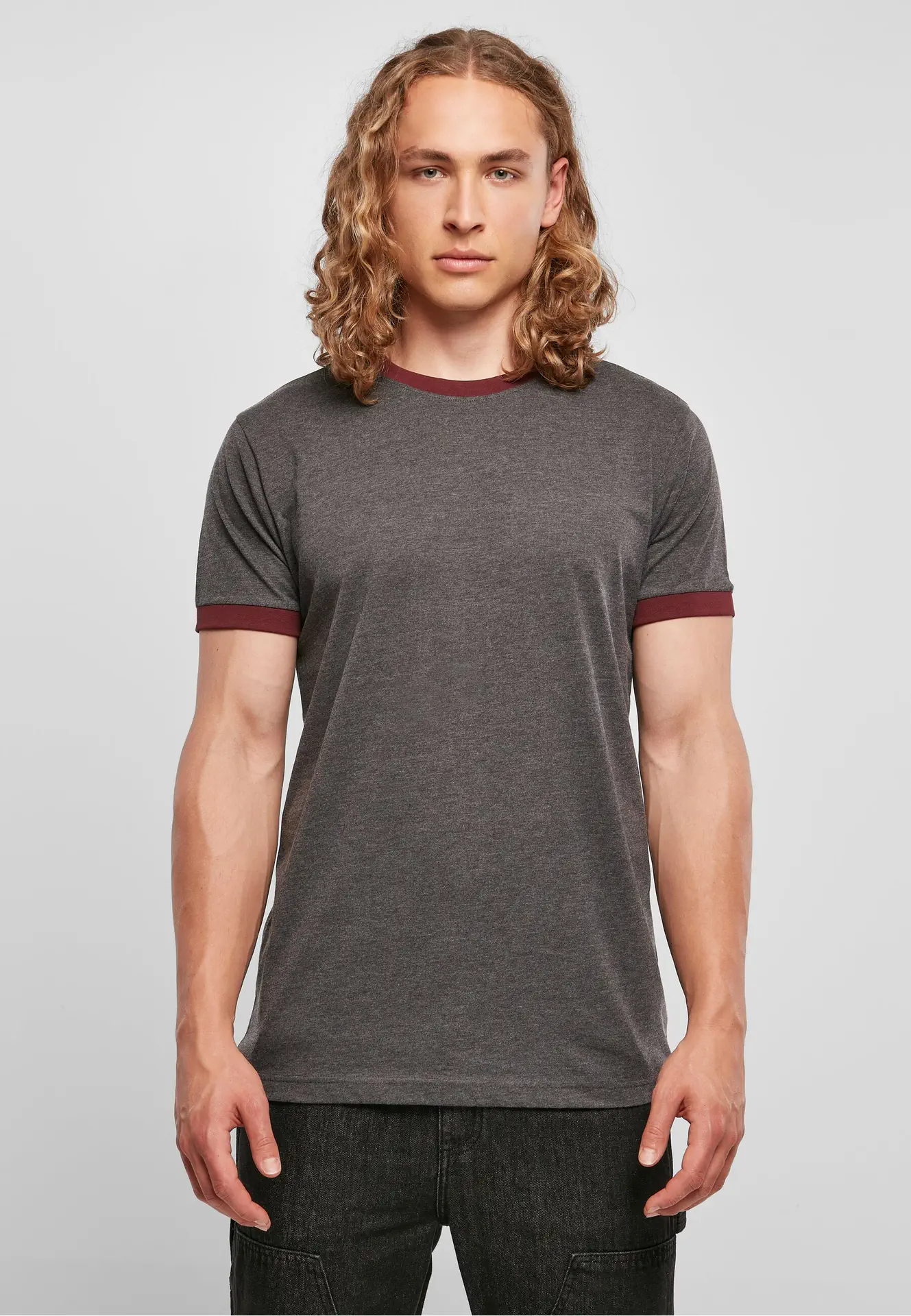 BYB-BB022-mens-ringer-t-shirt-charcoal-cherry-model-0 Build Your Brand Ringer Tee