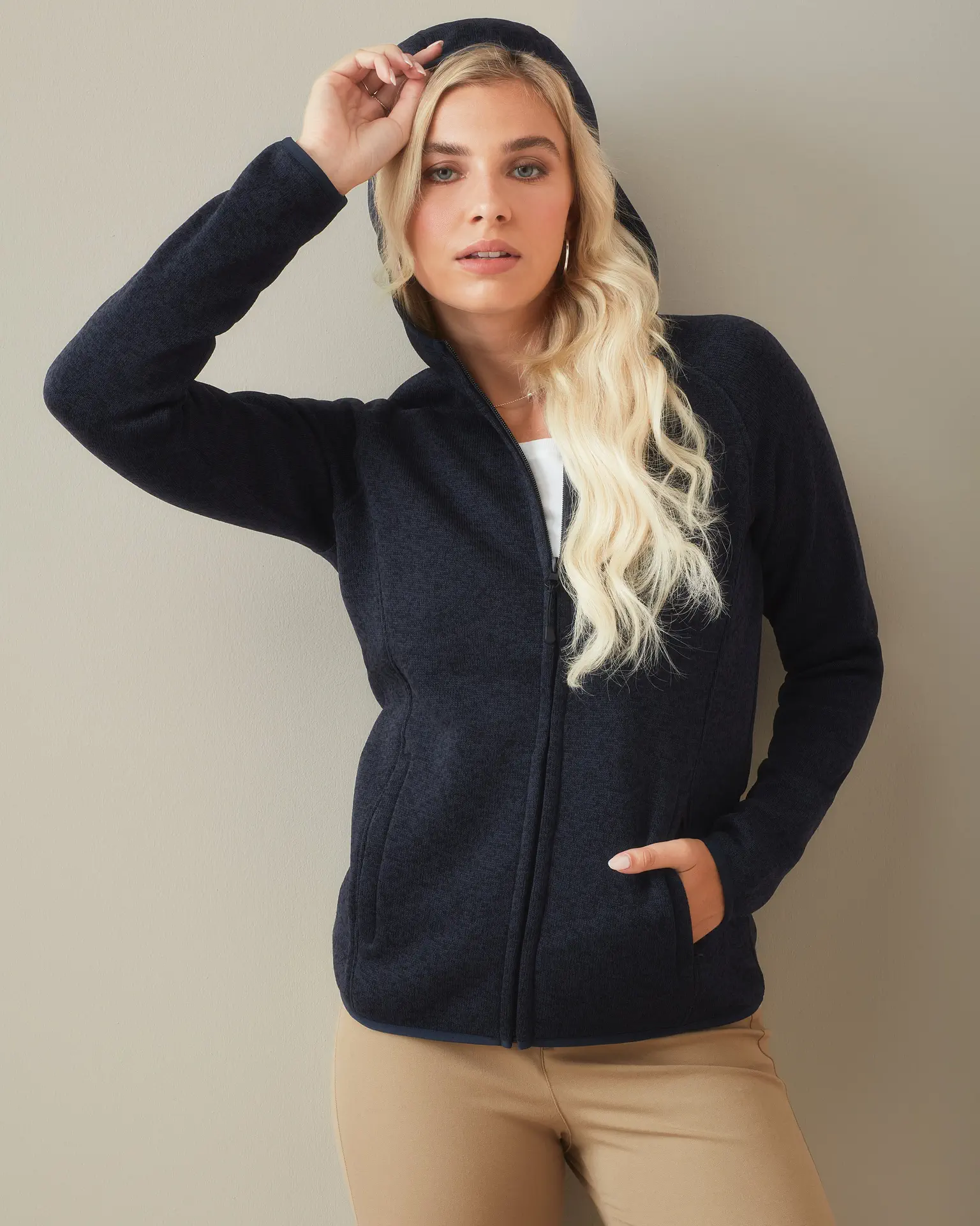 stedman-st5560-lux-knit-fleece-jacket-women-bluemidnightheather-model-1 Stedman Lux Hooded Knitfleece Jacket Women