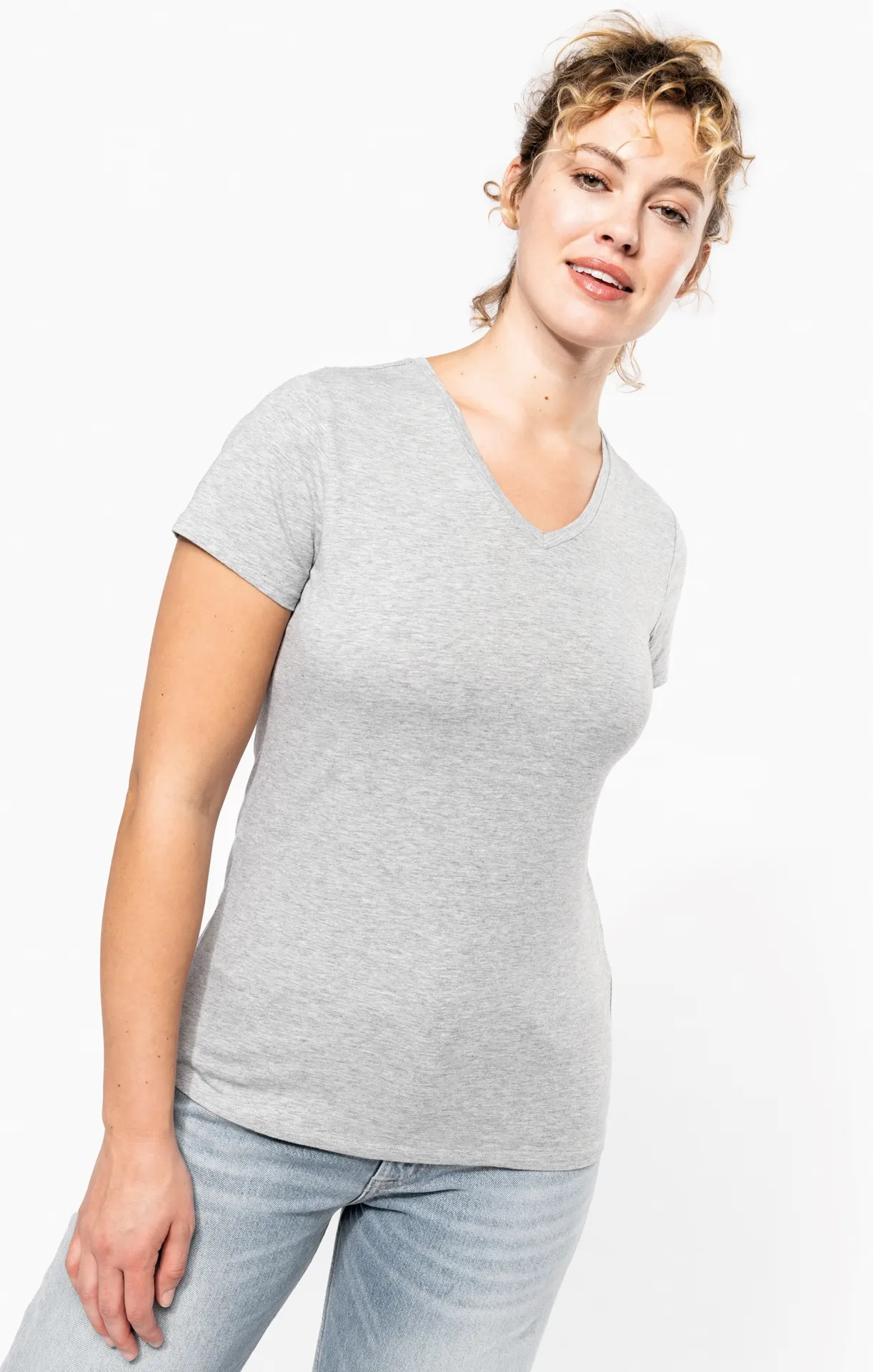 kariban-K3015-damen-v-ausschnitt-stretch-t-shirt-model-0 Kariban Damen V-Ausschnitt Stretch T-Shirt