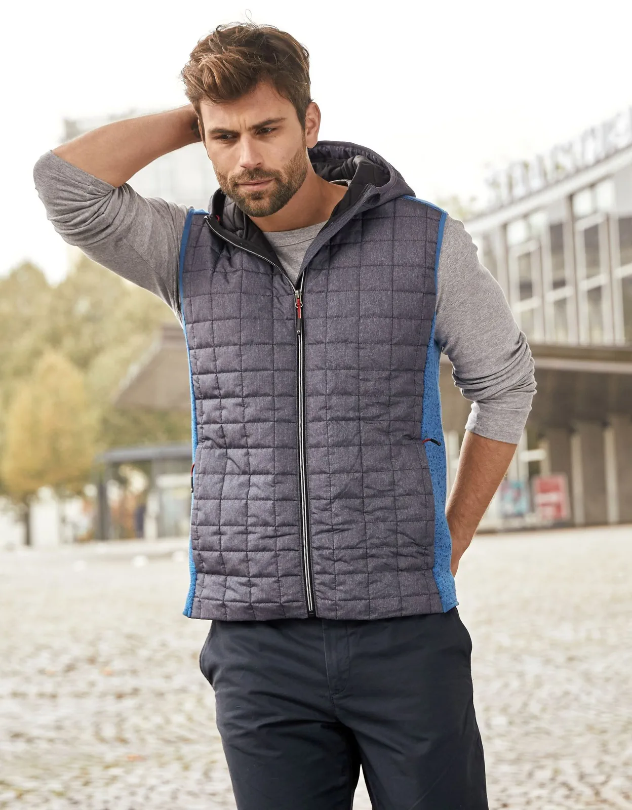 jn768-mens-knitted-hybrid-vest-model-1 James & Nicholson Men's Knitted Hybrid Vest