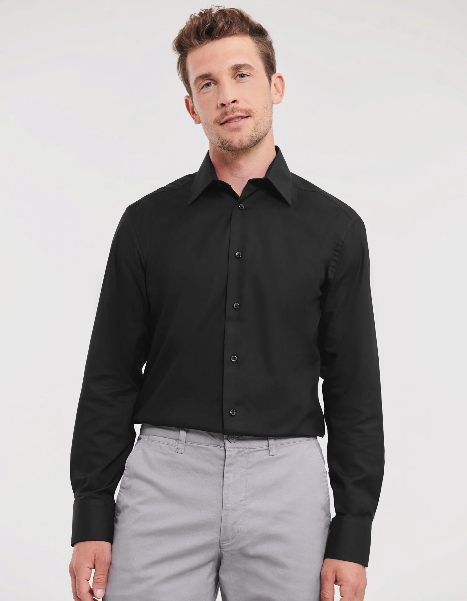 russell-r922m-mens-ls-easy-care-tailored-oxford-shirt-black-model-1 Russell Men's Long Sleeve Easy Care Tailored Oxford Shirt