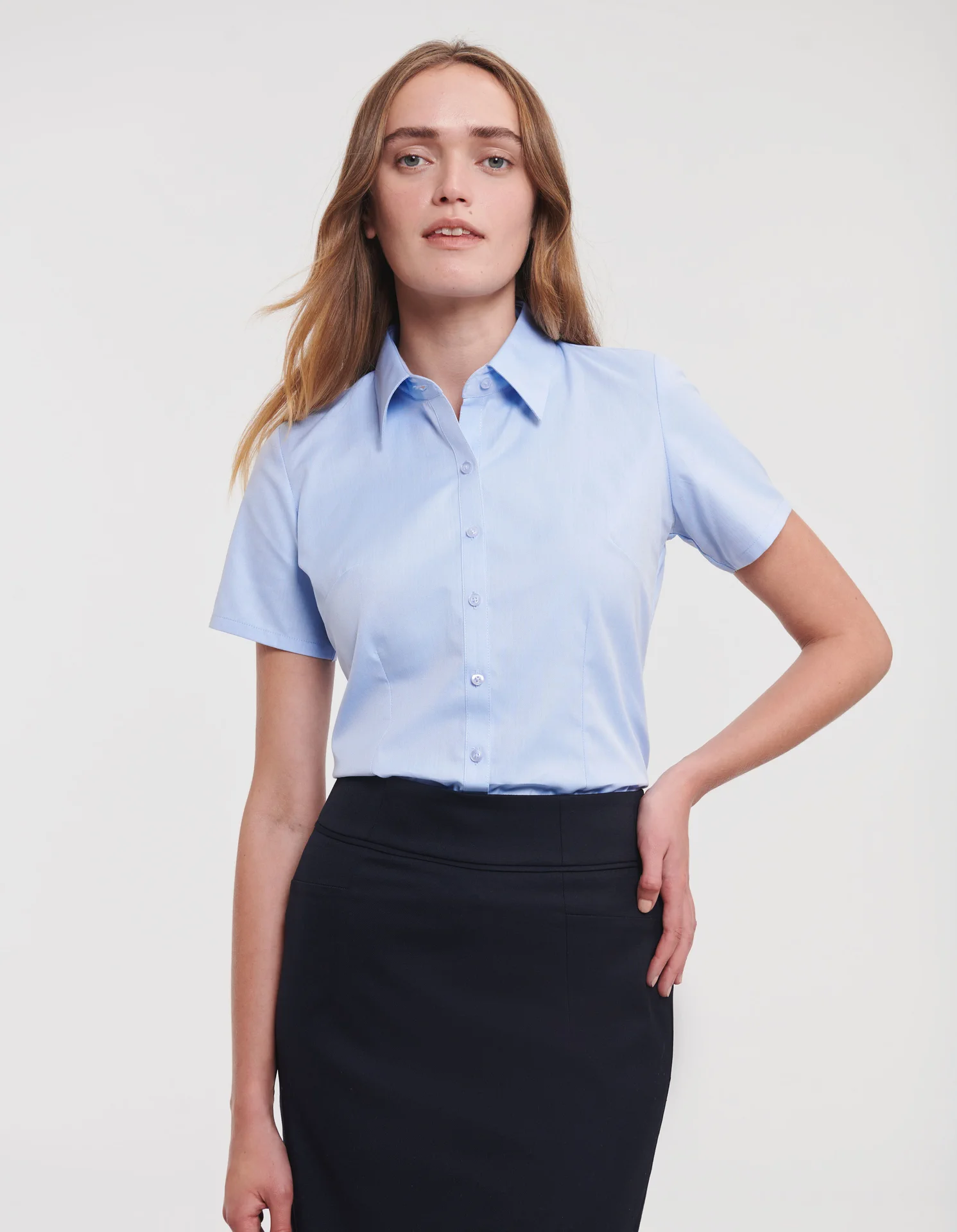 russell-r963f-ladies-short-sleeve-herringbone-shirt-lightblue-model-1 Russell Ladies Short Sleeve Herringbone Shirt