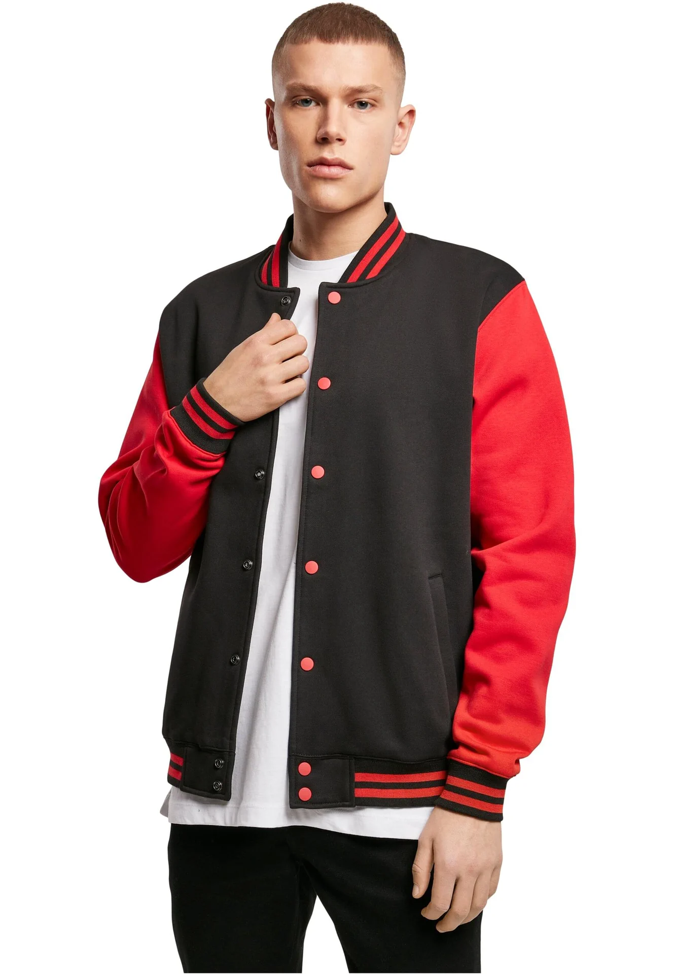 BYB-BY015-sweat-college-jacket-black-red-model-0 Build Your Brand Sweat College Jacket