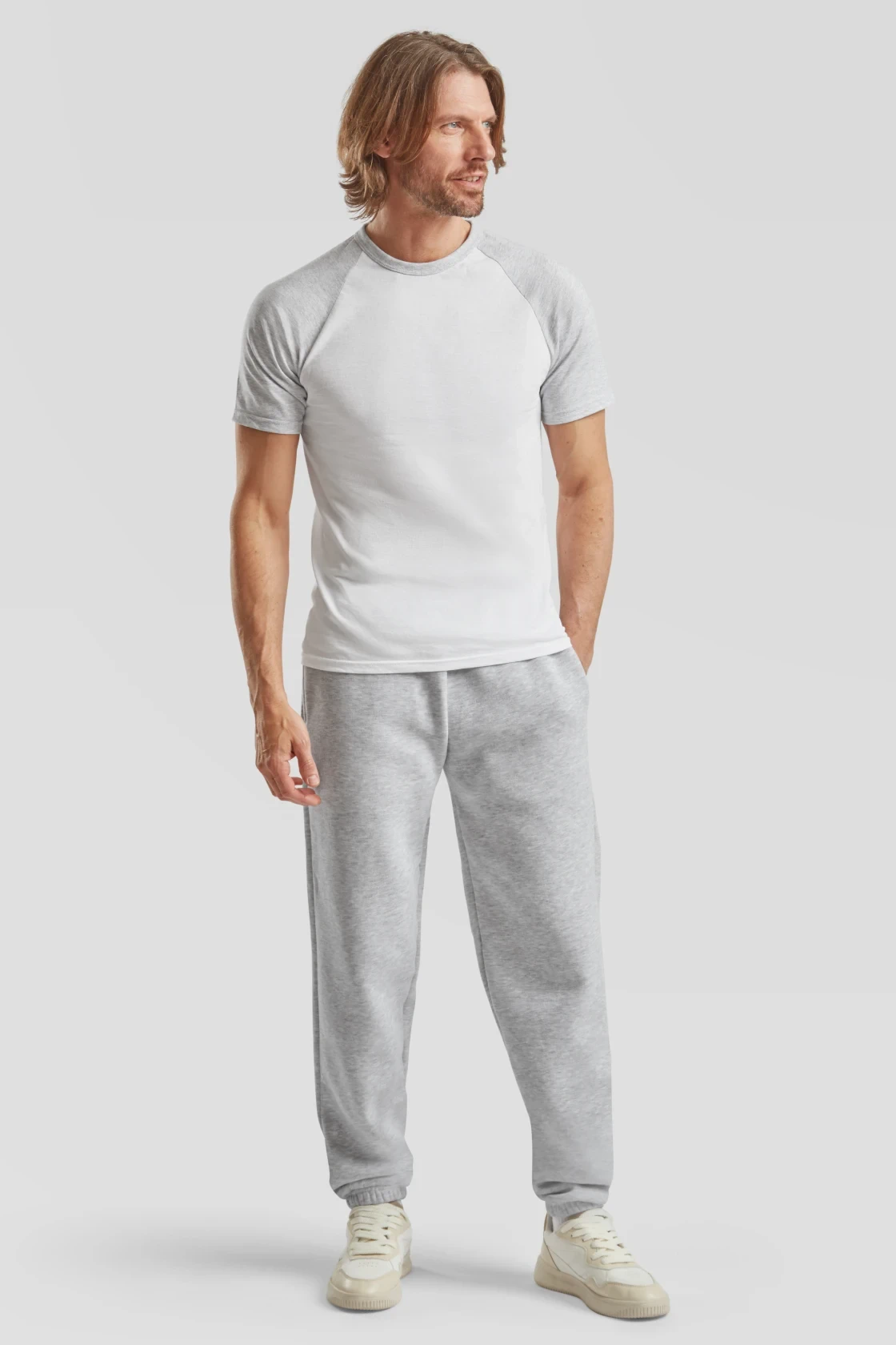fruit-of-the-loom-64-040-0-premium-elasticated-cuff-jog-pants-heathergrey-model-3 F.O.L. Premium Elasticated Cuff Jog Pants