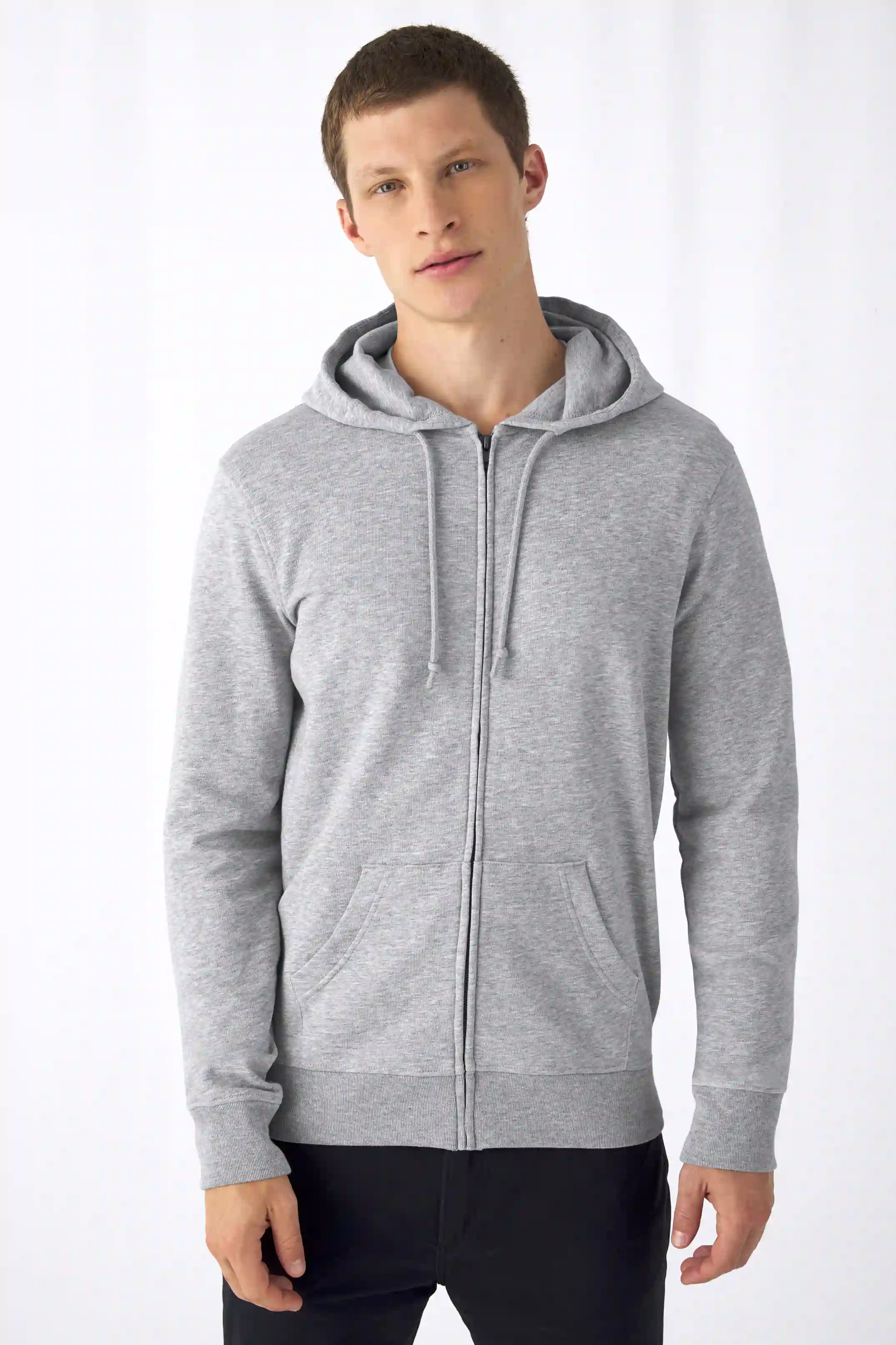 bc-wu35b-organic-zipped-hood-sweatshirt-heather-grey-model-1 B&C Organic Zipped Hood Jacket