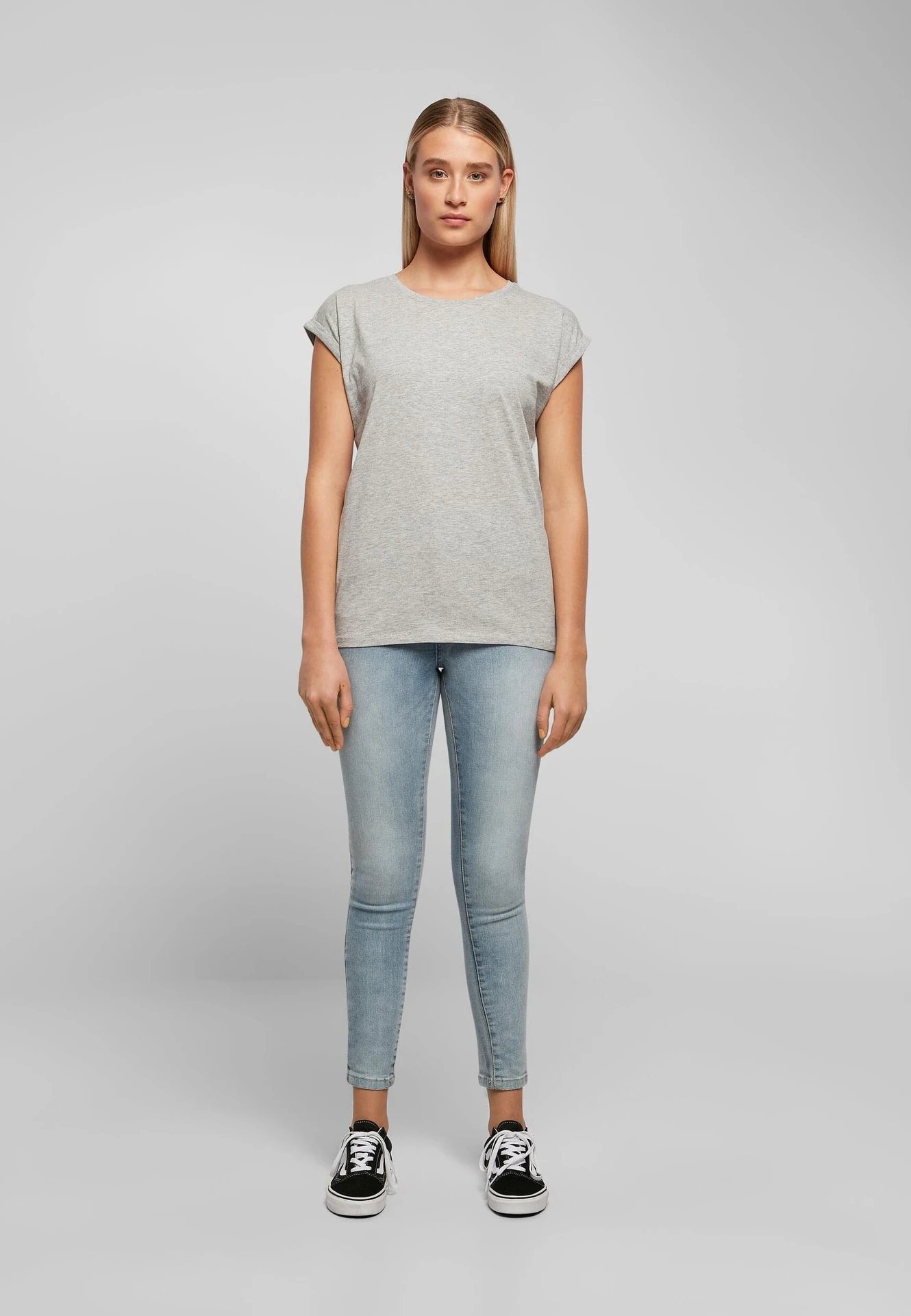 BYB-BY021-ladies-extended-shoulder-t-shirt-heathergrey-model-3 Build Your Brand Ladies Extended Shoulder Tee