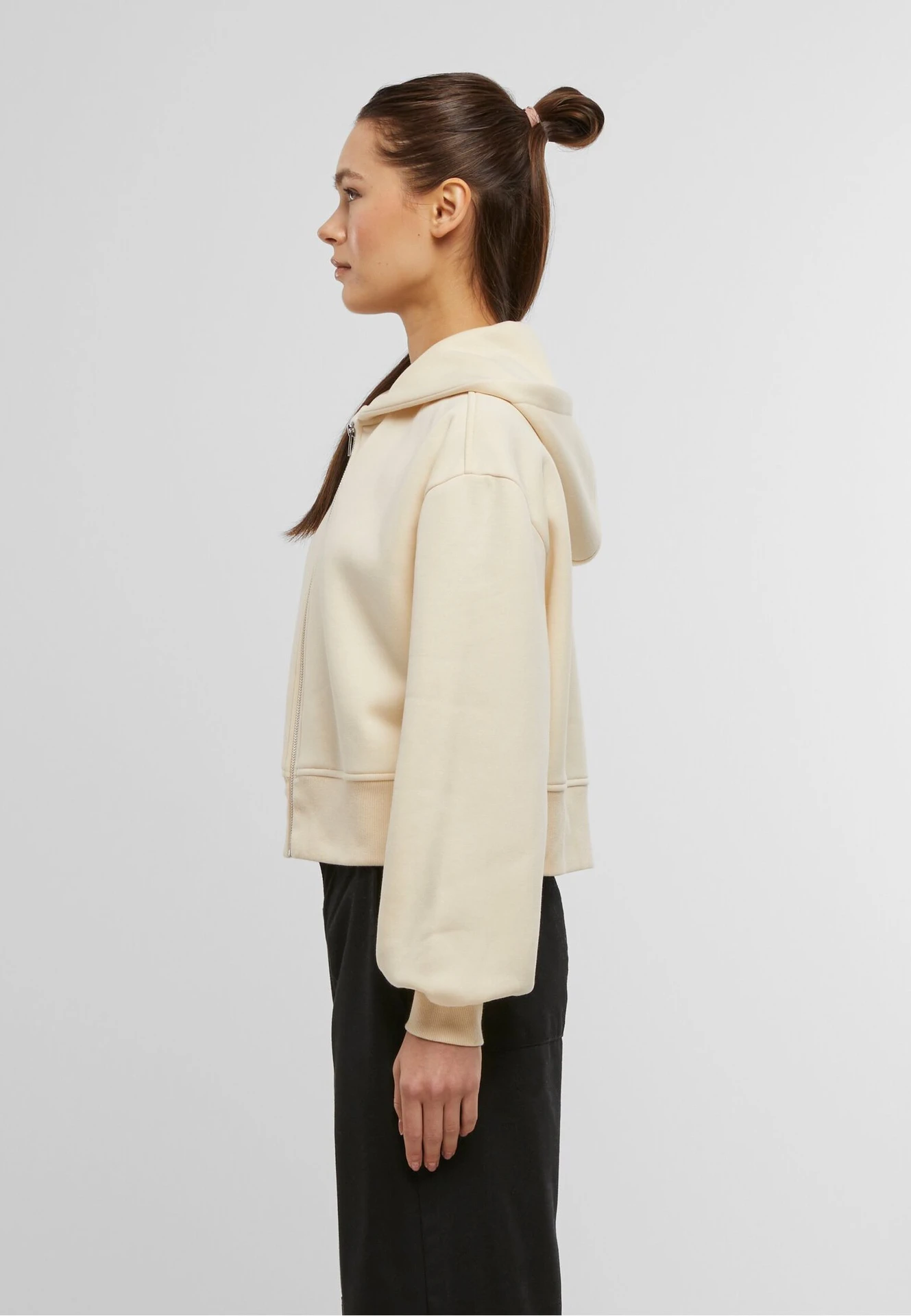 BYB-BY237-ladies-short-oversized-zip-jacket-whitesand-model-1 Build Your Brand Ladies Short Oversized Zip Jacket