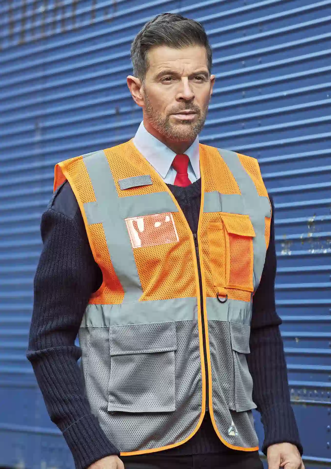 yoko-hvw820-hi-vis-top-cool-recycled-open-mesh-executive-waistcoat-hi-vis-orange-grey-model-2 YOKO Hi Vis Top Cool Open Mesh Executive Waistcoat