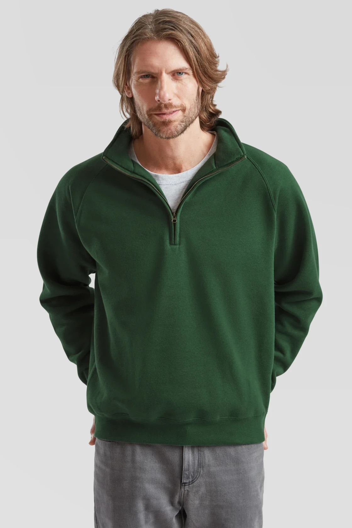 fruit-of-the-loom-62-032-0-premium-zip-neck-sweatshirt-bottlegreen-model-0 F.O.L. Zip-Neck Sweat mit 1/4 Zip