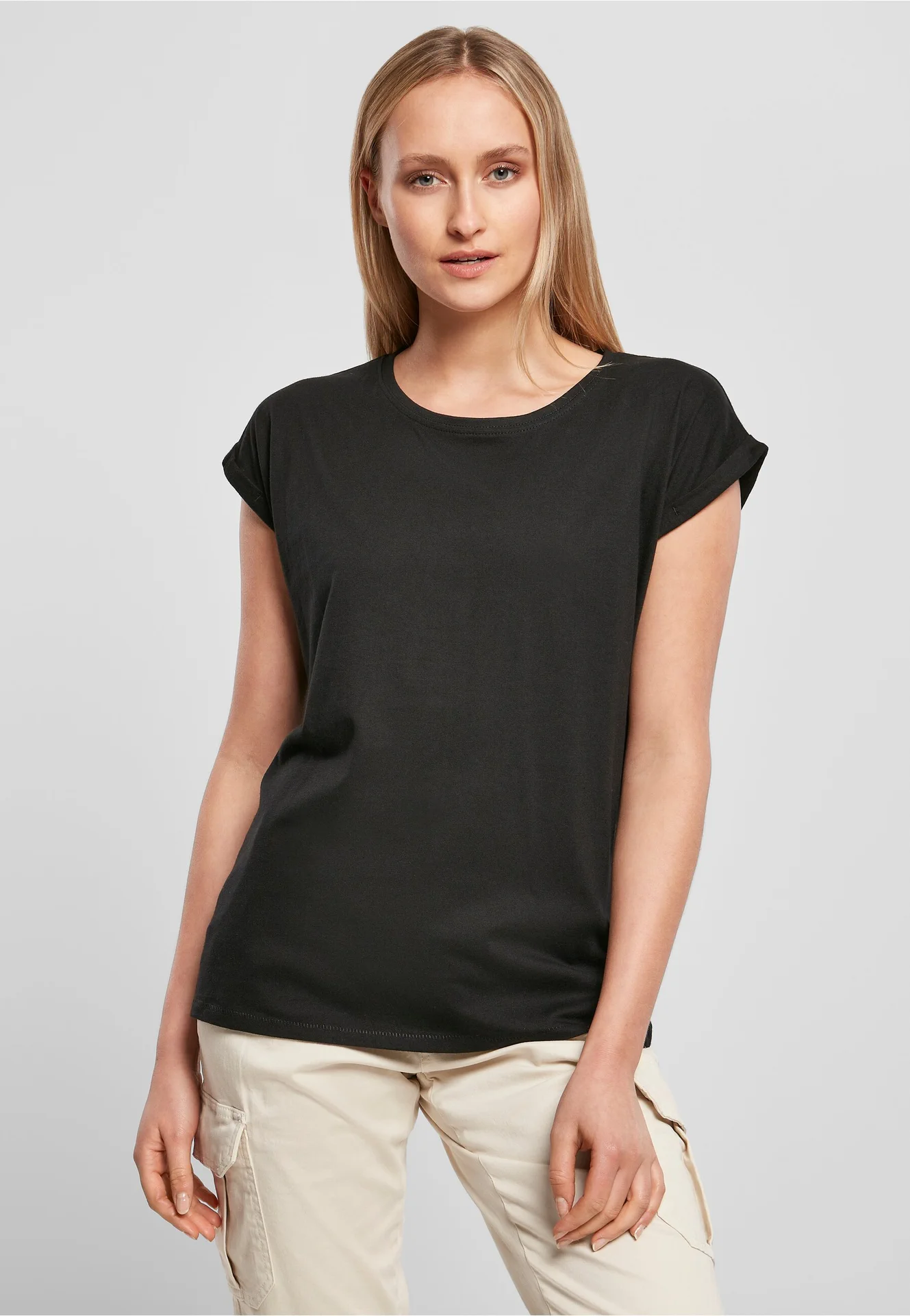 BYB-BY021-ladies-extended-shoulder-t-shirt-black-model-0 Build Your Brand Ladies Extended Shoulder Tee