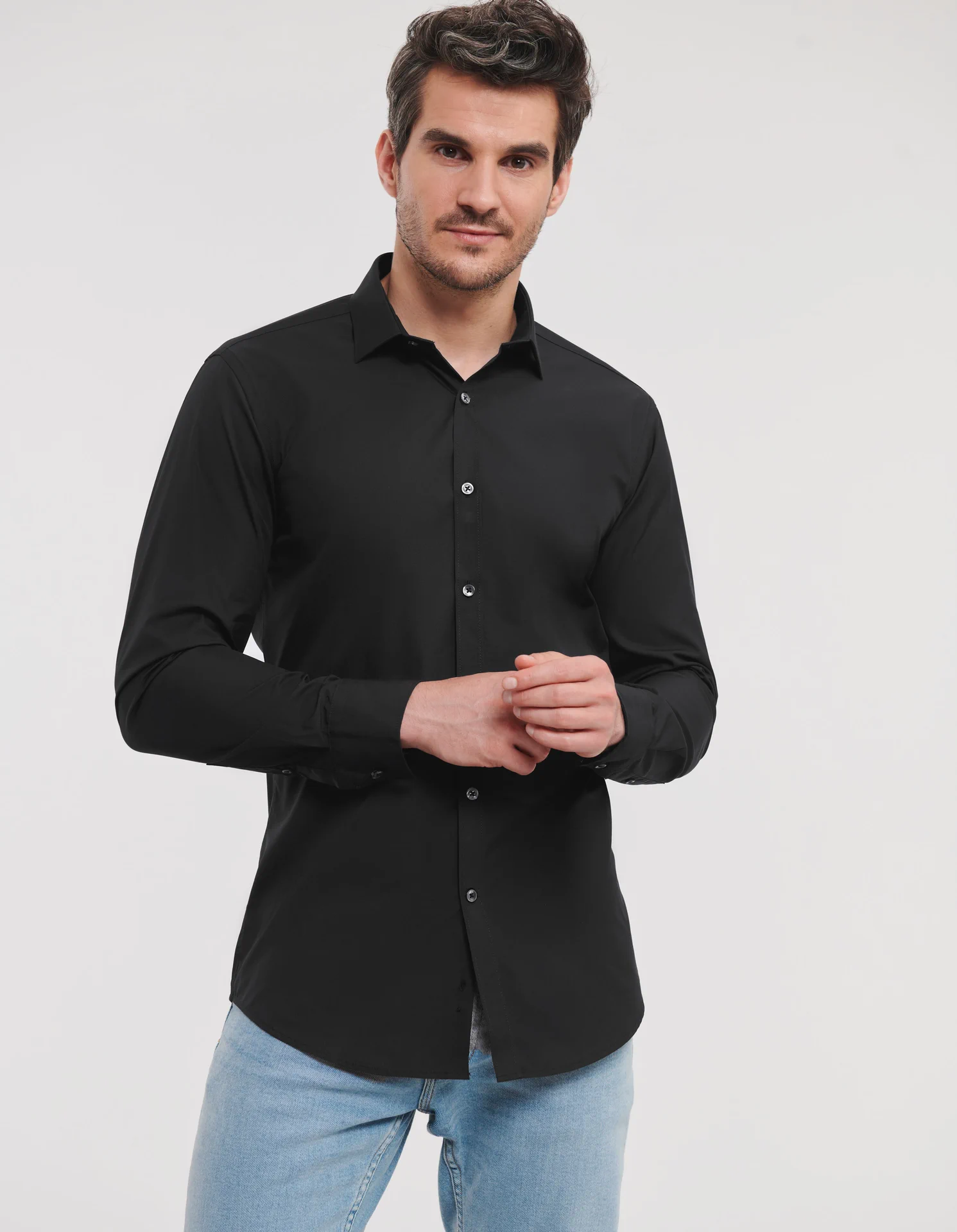 russell-r960m-mens-ls-ultimate-stretch-shirt-black-model-1 Russell Men's Long Sleeve Ultimate Stretch Shirt
