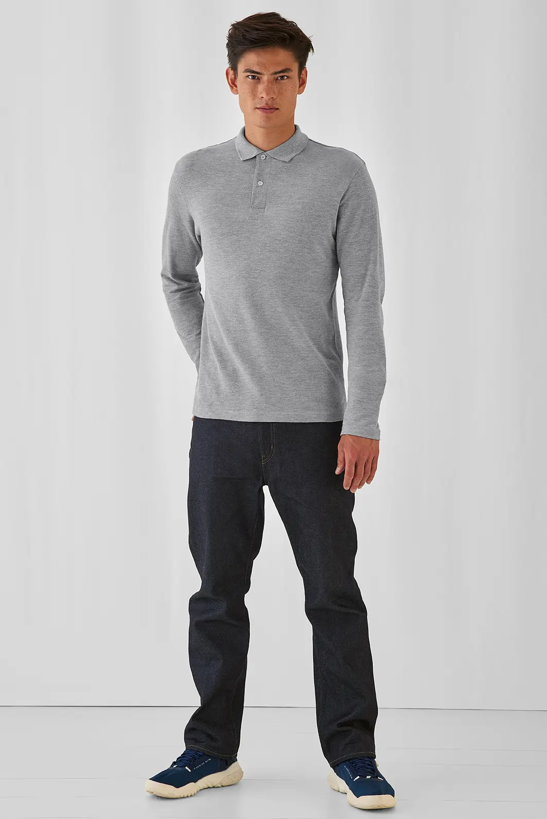bc-pui12-id001-longsleeve-heather-grey-model-2 B&C Long Sleeve Polo ID.001 Men's
