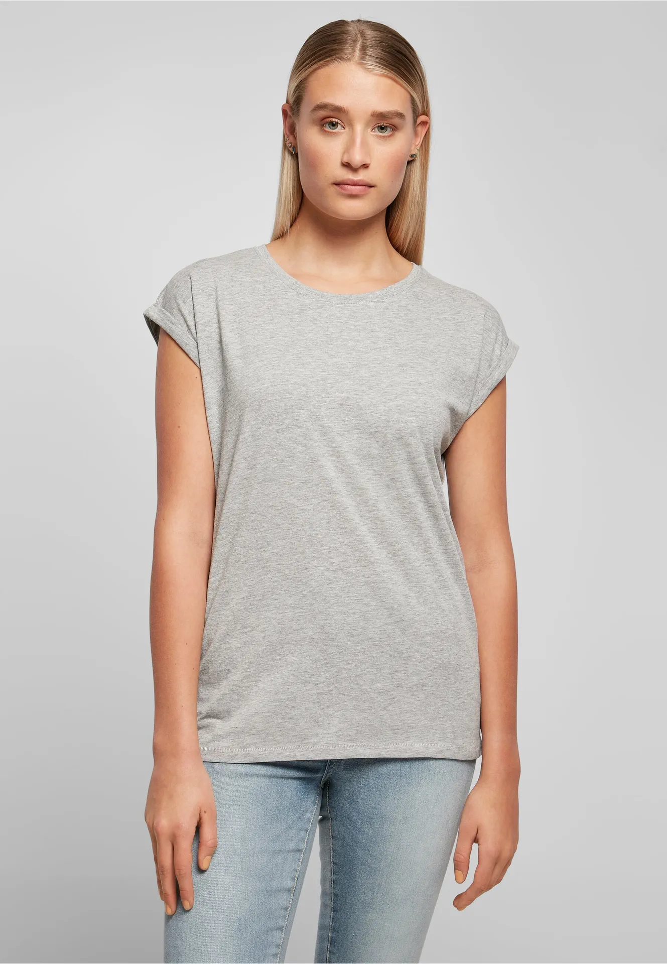 BYB-BY021-ladies-extended-shoulder-t-shirt-heathergrey-model-0 Build Your Brand Ladies Extended Shoulder Tee