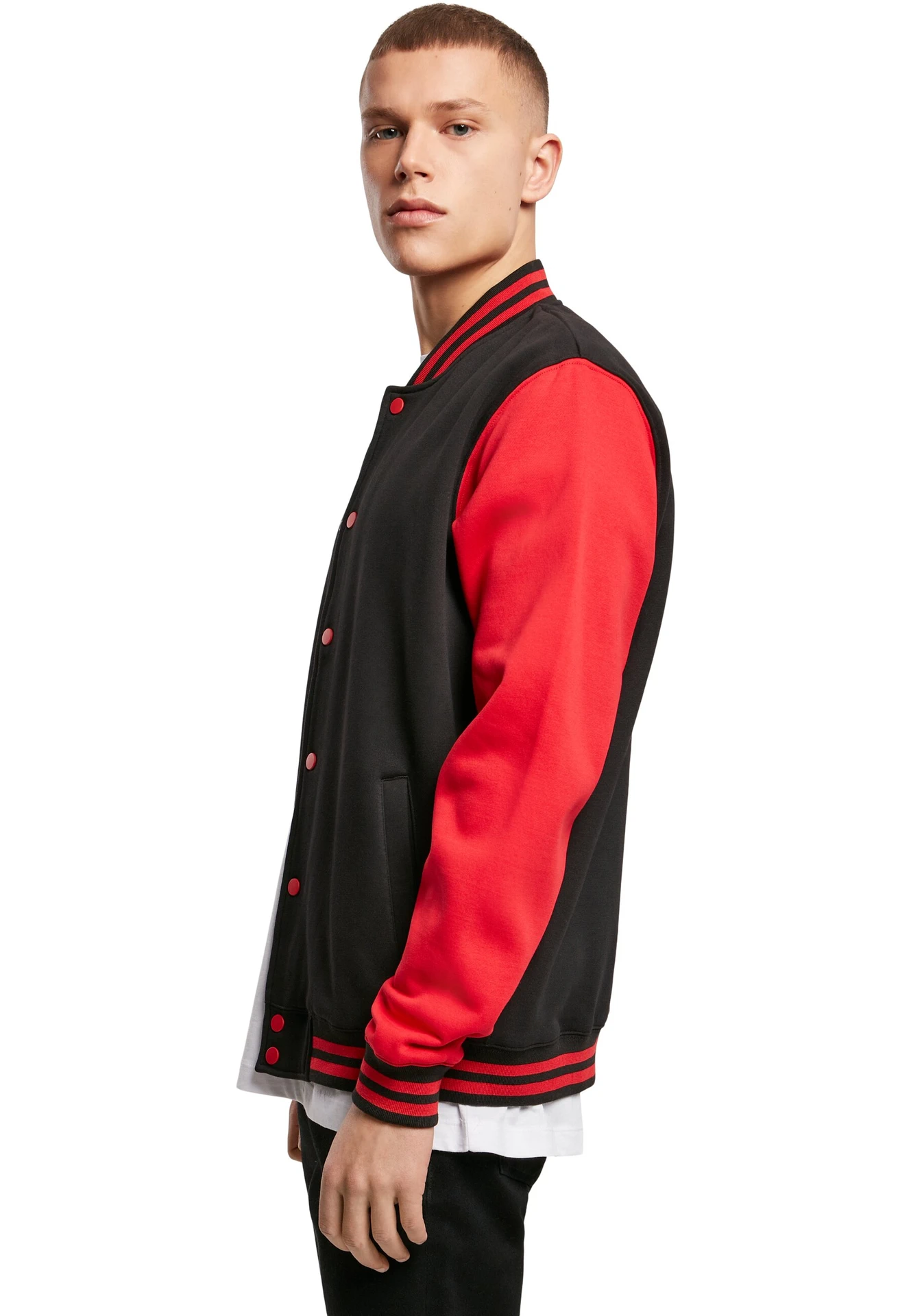 BYB-BY015-sweat-college-jacket-black-red-model-1 Build Your Brand Sweat College Jacket
