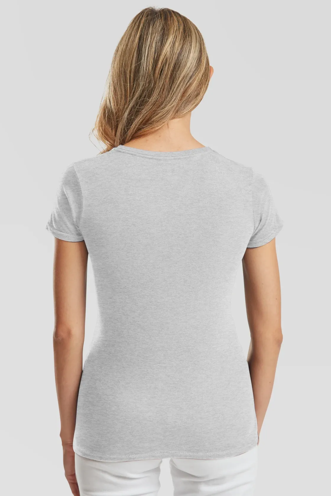 fruit-of-the-loom-61-444-0-ladies-iconic-150-v-neck-t-shirt-heathergrey-model-2 F.O.L. Ladies Iconic 150 V Neck T