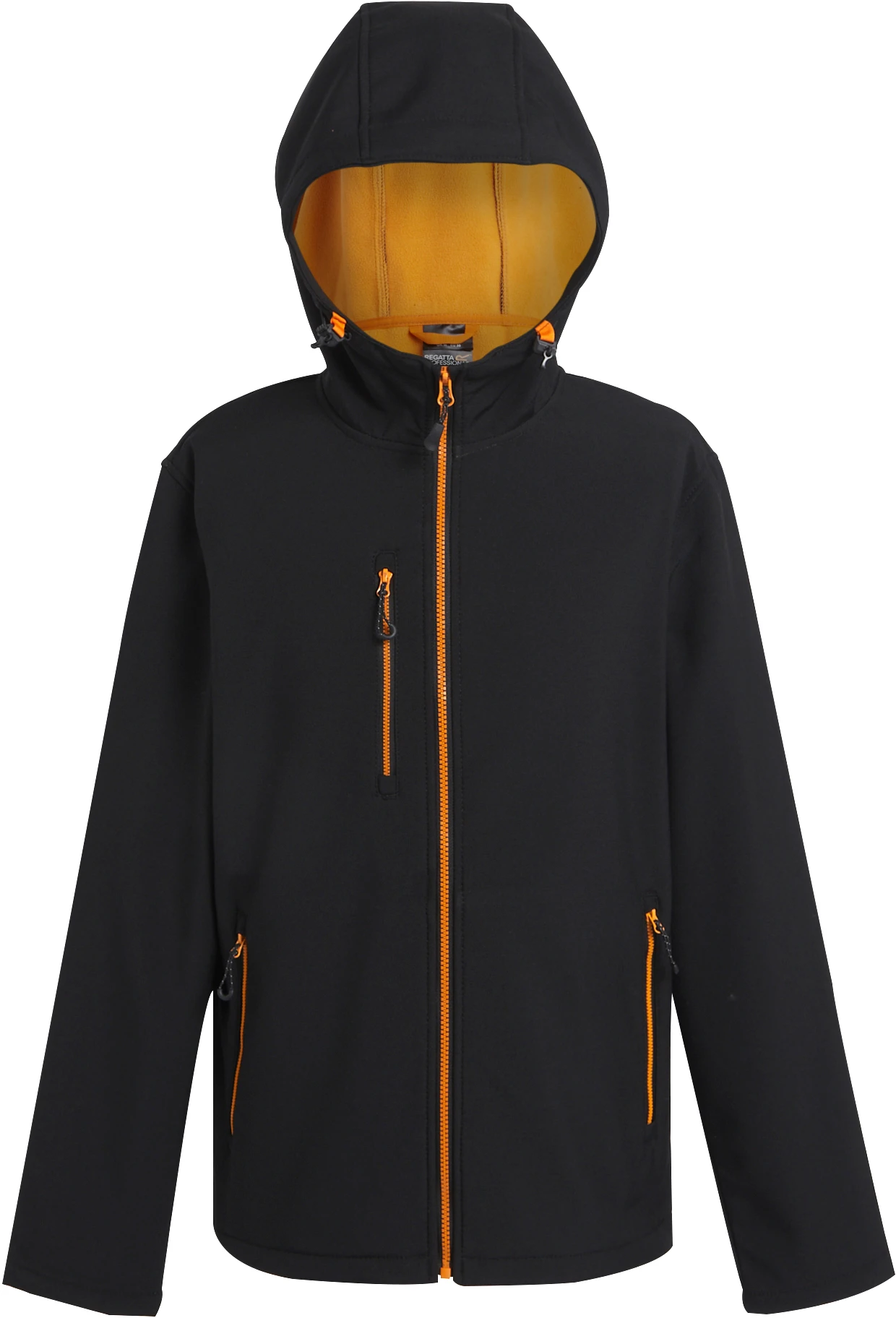 regatta-tra705-navigate-2-layer-hooded-softshell-jacket-black-orange-pop-front-2 Regatta Navigate 2-Layer Hooded Softshell Jacket