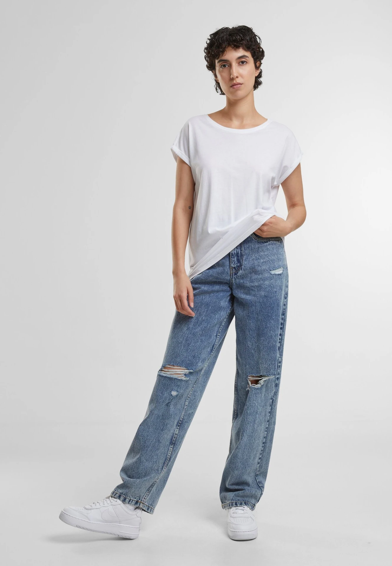 BYB-BY138-ladies-organic-extended-shoulder-t-shirt-white-model-3 Build Your Brand Ladies Organic Extended Shoulder Tee