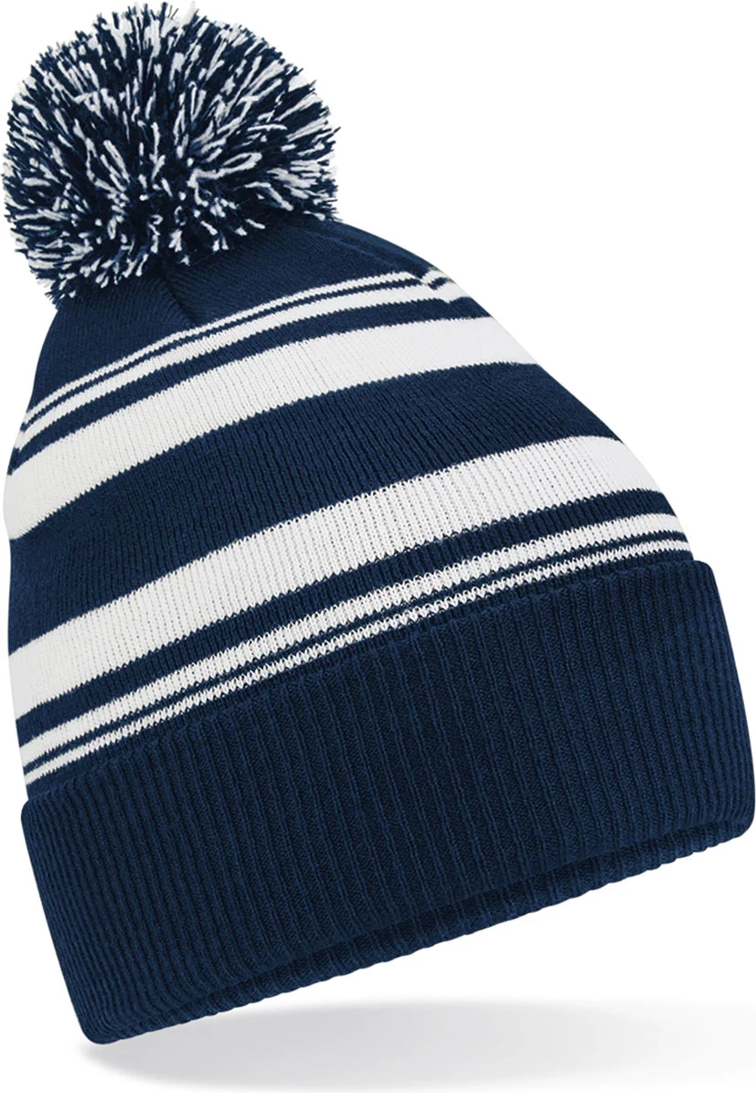 beechfield-b473r-striped-fan-beanie-frenchnavy-white-front-1 Beechfield Striped Fan Beanie