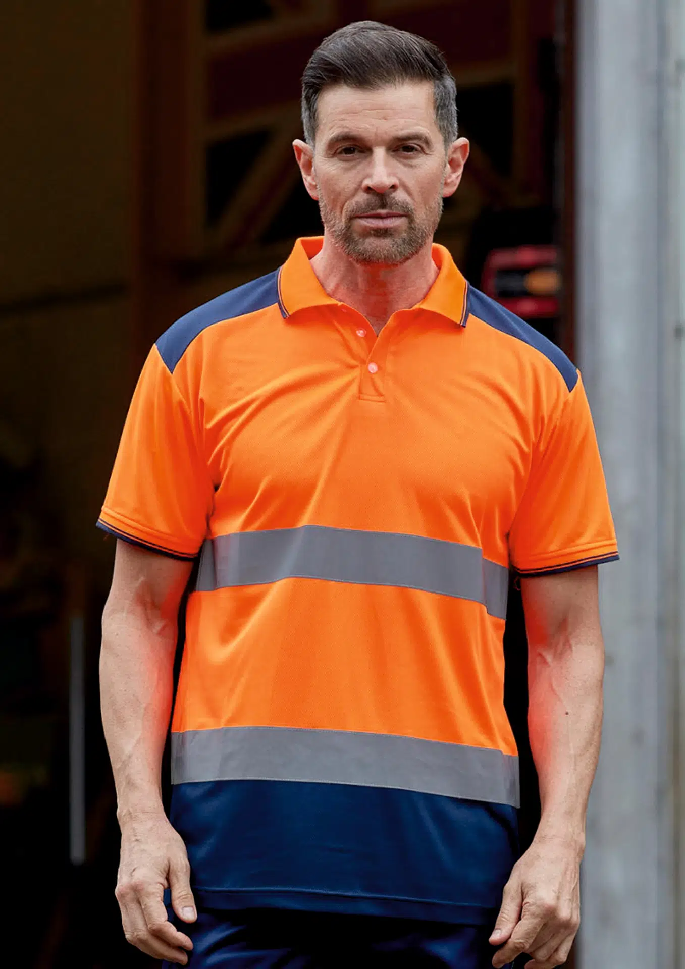 yoko-hvj220-hi-vis-two-tone-polo-hi-vis-orange-navy-model-1 YOKO Hi-Vis Two-Tone Polo