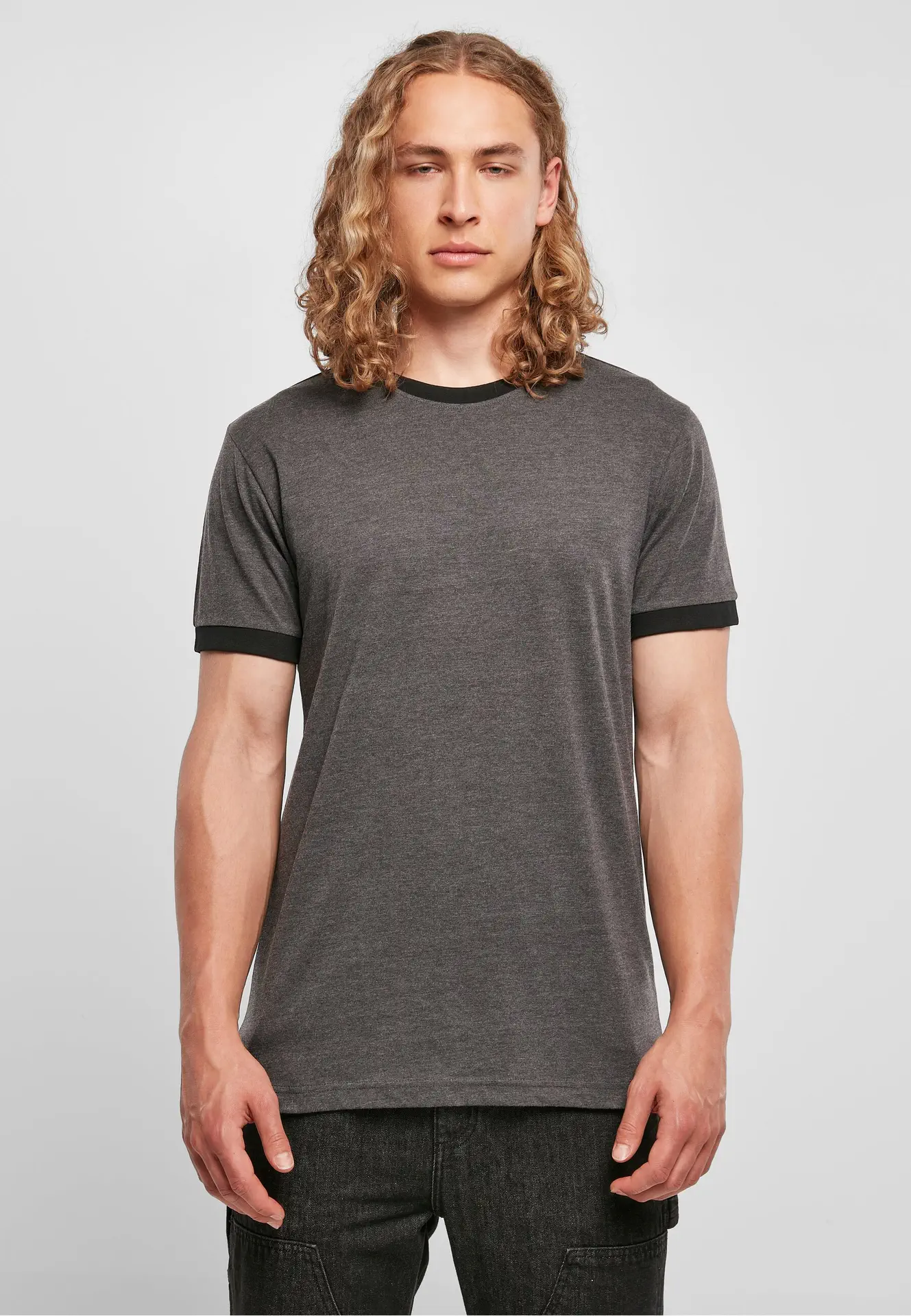BYB-BB022-mens-ringer-t-shirt-charcoal-black-model-0 Build Your Brand Ringer Tee