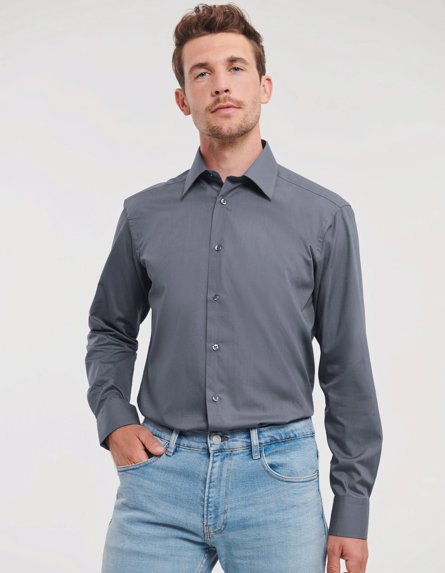 Russell Men's Long Sleeve Polycotton Easy Care Tailored Poplin Shirt