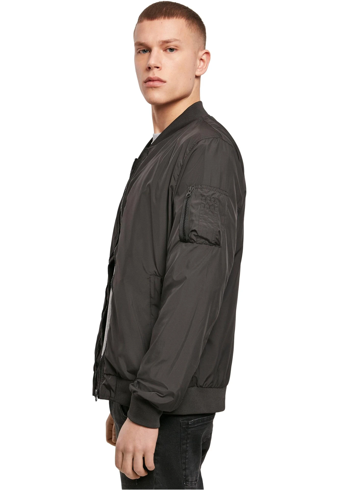 BYB-BY045-nylon-bomber-jacket-black-model-1 Build Your Brand Nylon Bomber Jacket