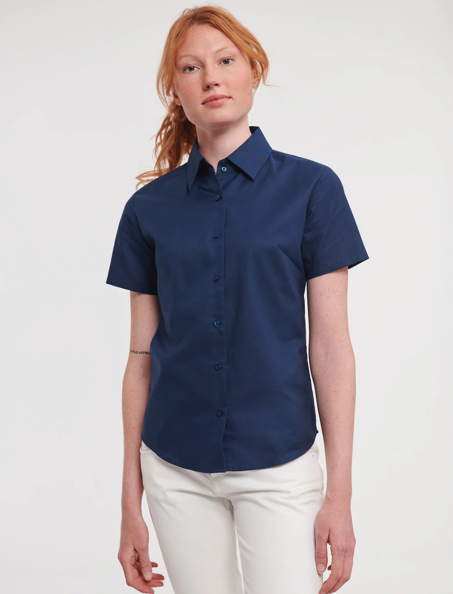 russell-r933f-ladies-short-sleeve-easy-care-oxford-shirt-brightnavy-model-1 Russell Ladies Short Sleeve Easy Care Oxford Shirt
