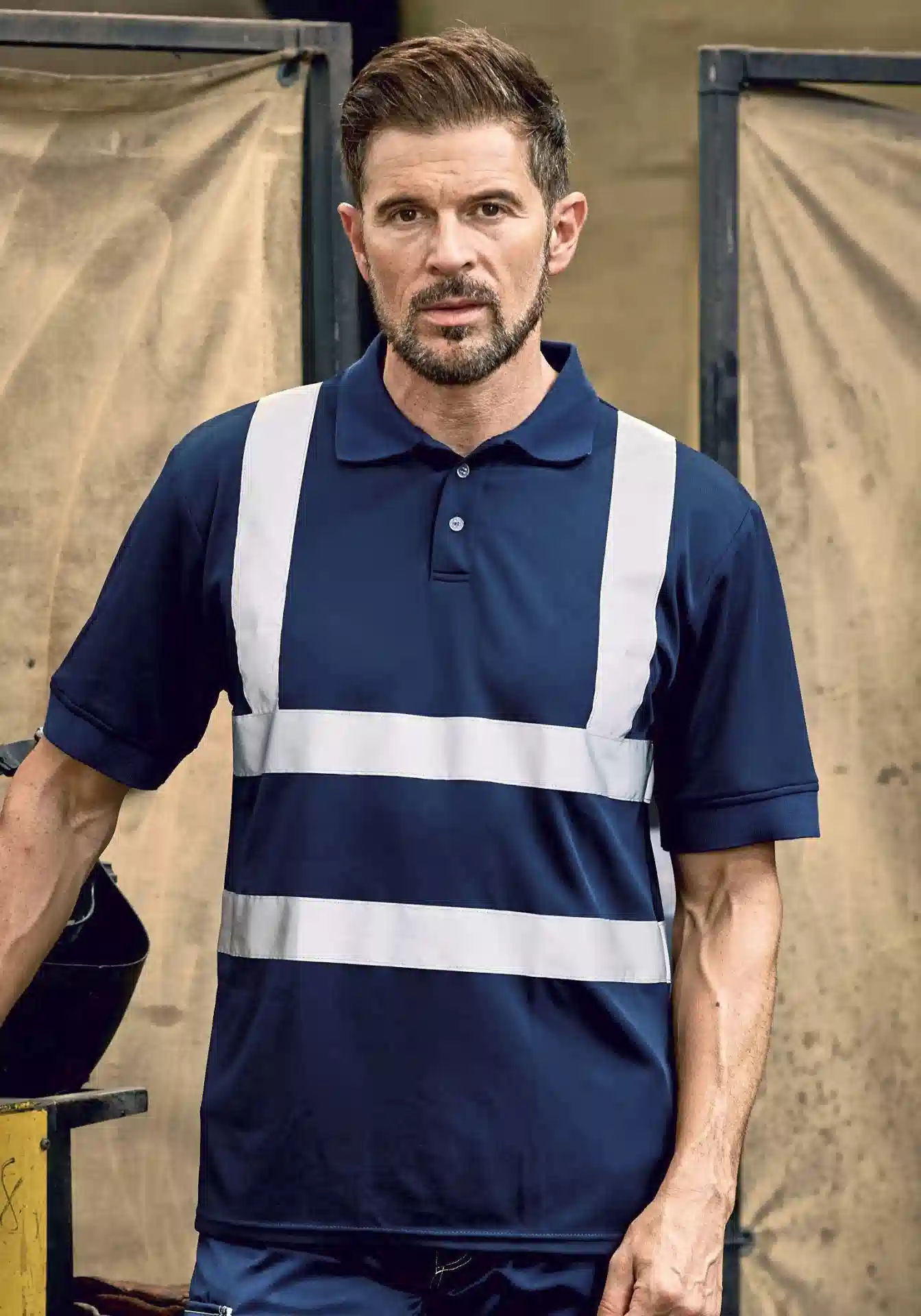yoko-hvj210-two-band-brace-hi-vis-polo-shirt-navy-model-1 YOKO Two Band & Brace Hi Vis Polo Shirt