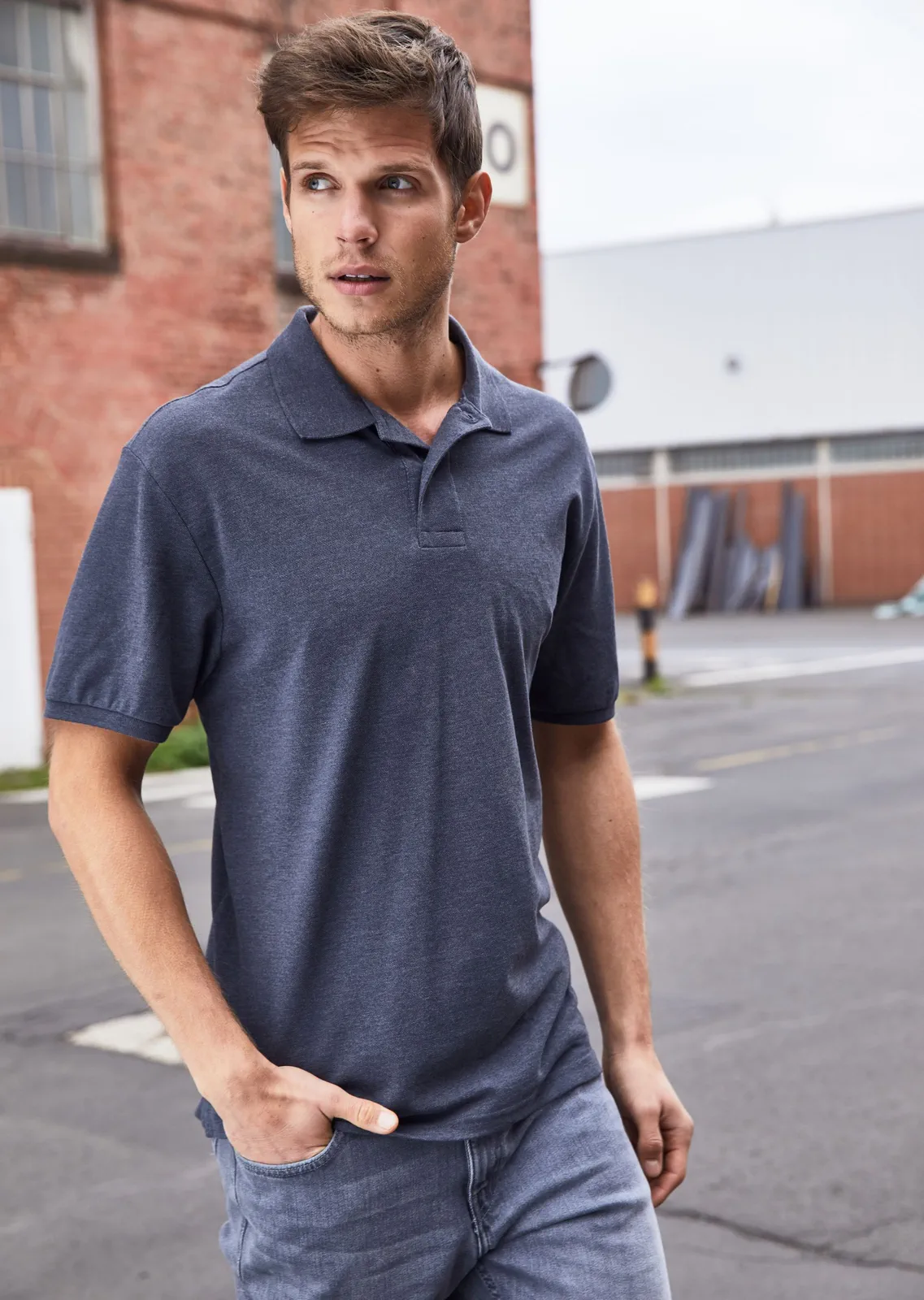 JN8010-mens-basic-poloshirt-lightdenimmelange-model-1 James & Nicholson Men's Basic Polo