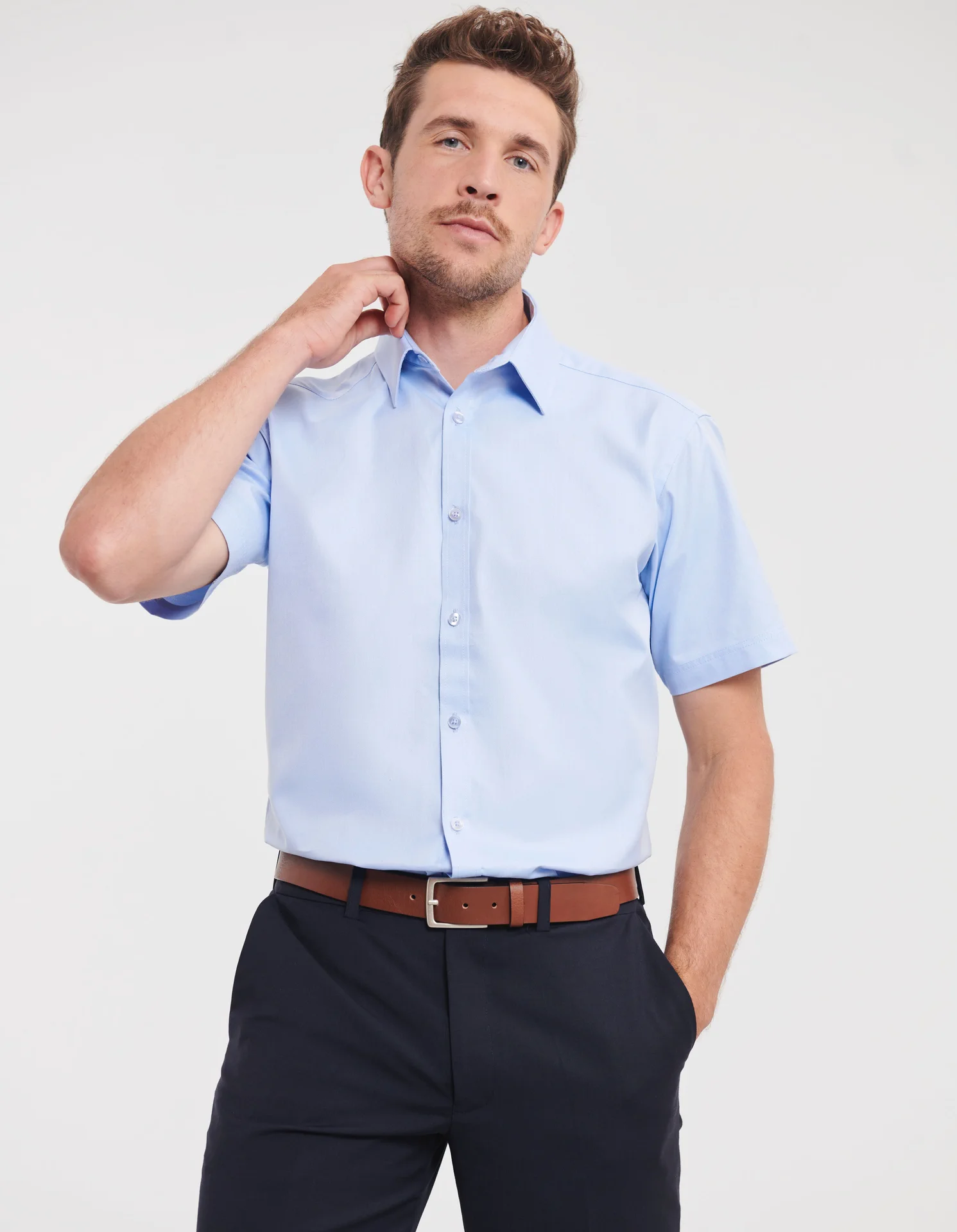 russell-r963m-mens-short-sleeve-herringbone-shirt-lightblue-model-1 Russell Men's Short Sleeve Herringbone Shirt