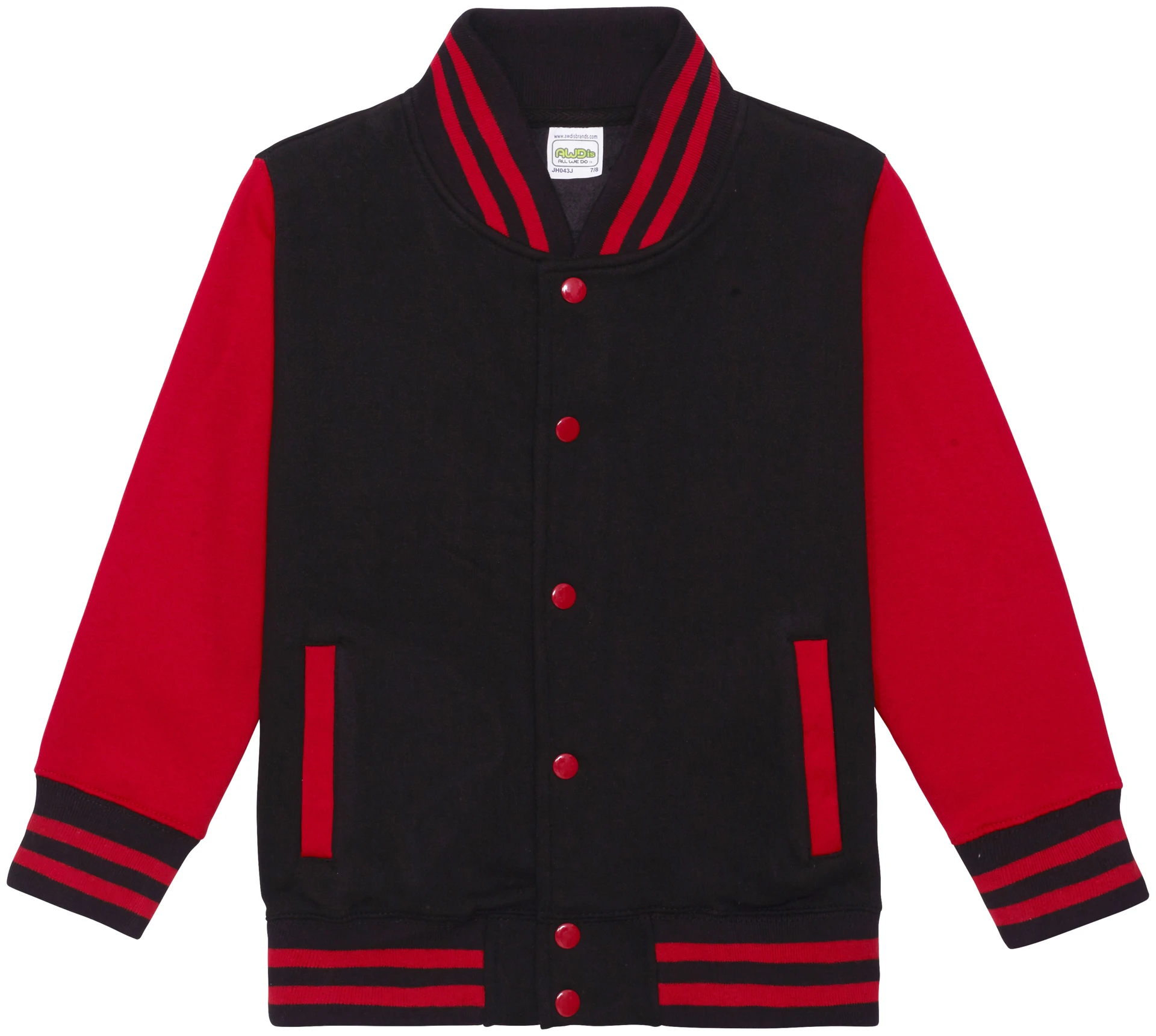 justhoods-jh043j-kids-varsity-jacket-jetblack-firered-front-1 Just Hoods Kids Varsity Jacket