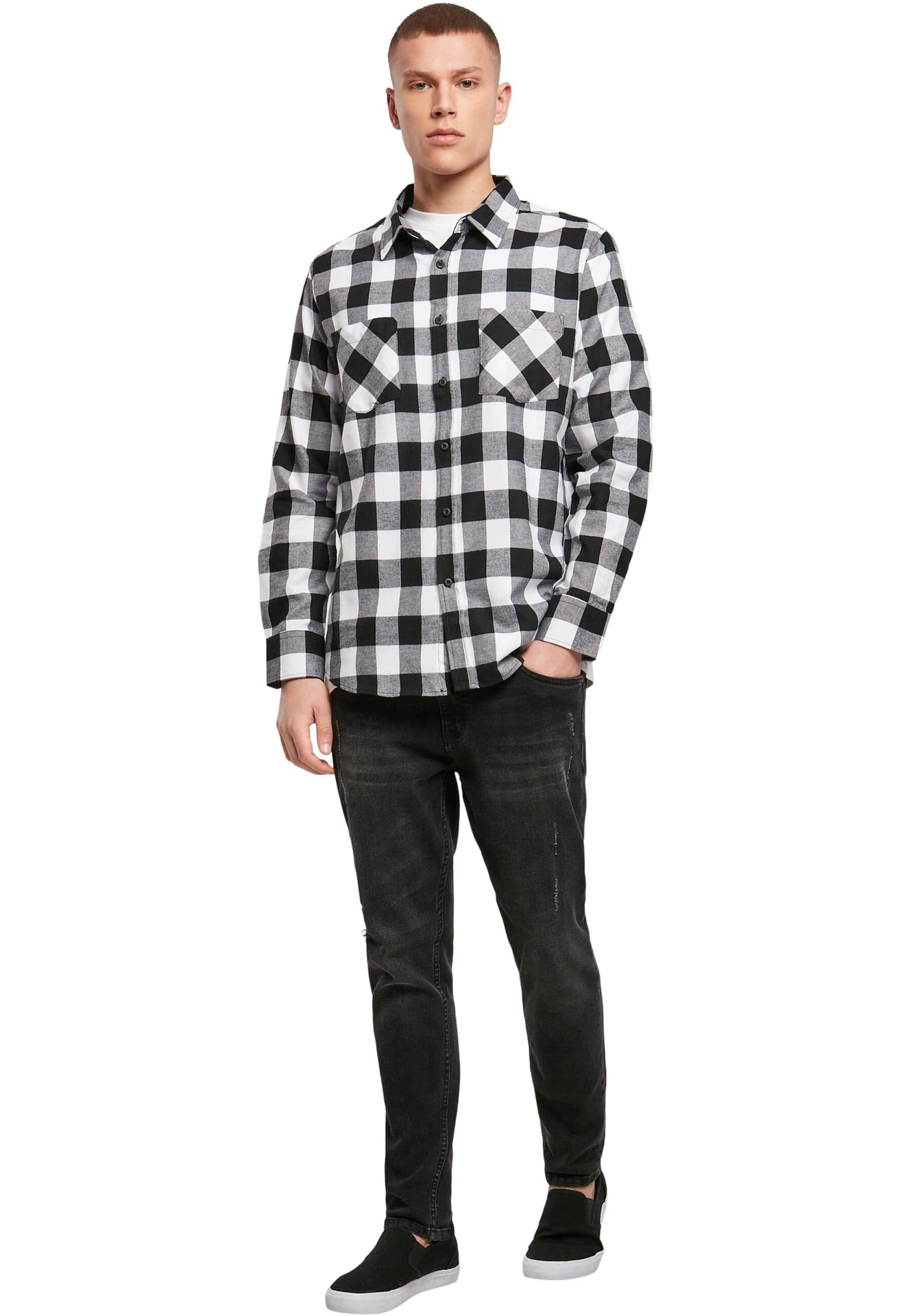 BYB-BY031-checked-flannel-shirt-black-white-model-3 Build Your Brand Checked Flannel Shirt