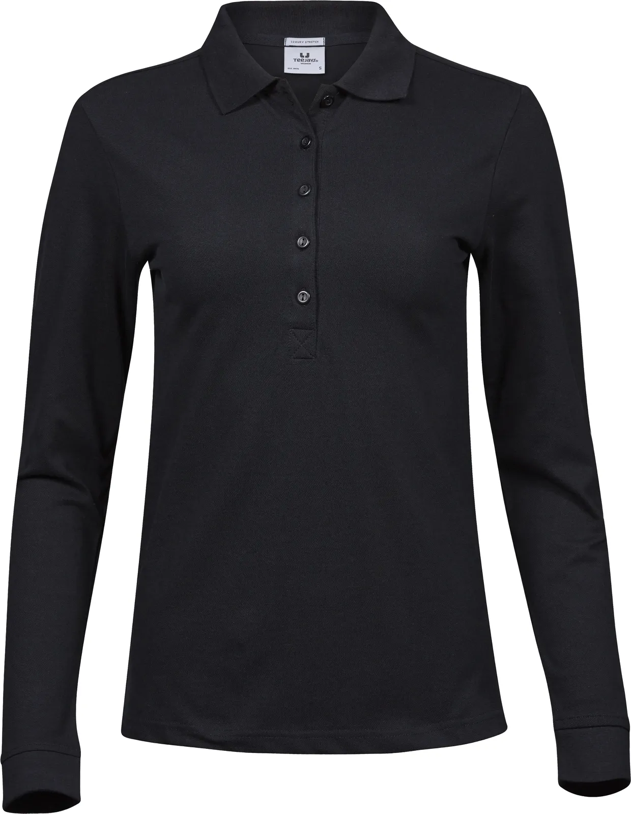 tee-jays-146-womens-luxury-stretch-long-sleeve-poloshirt-black-front-1 Tee Jays Ladies Luxury Stretch Long Sleeve Polo