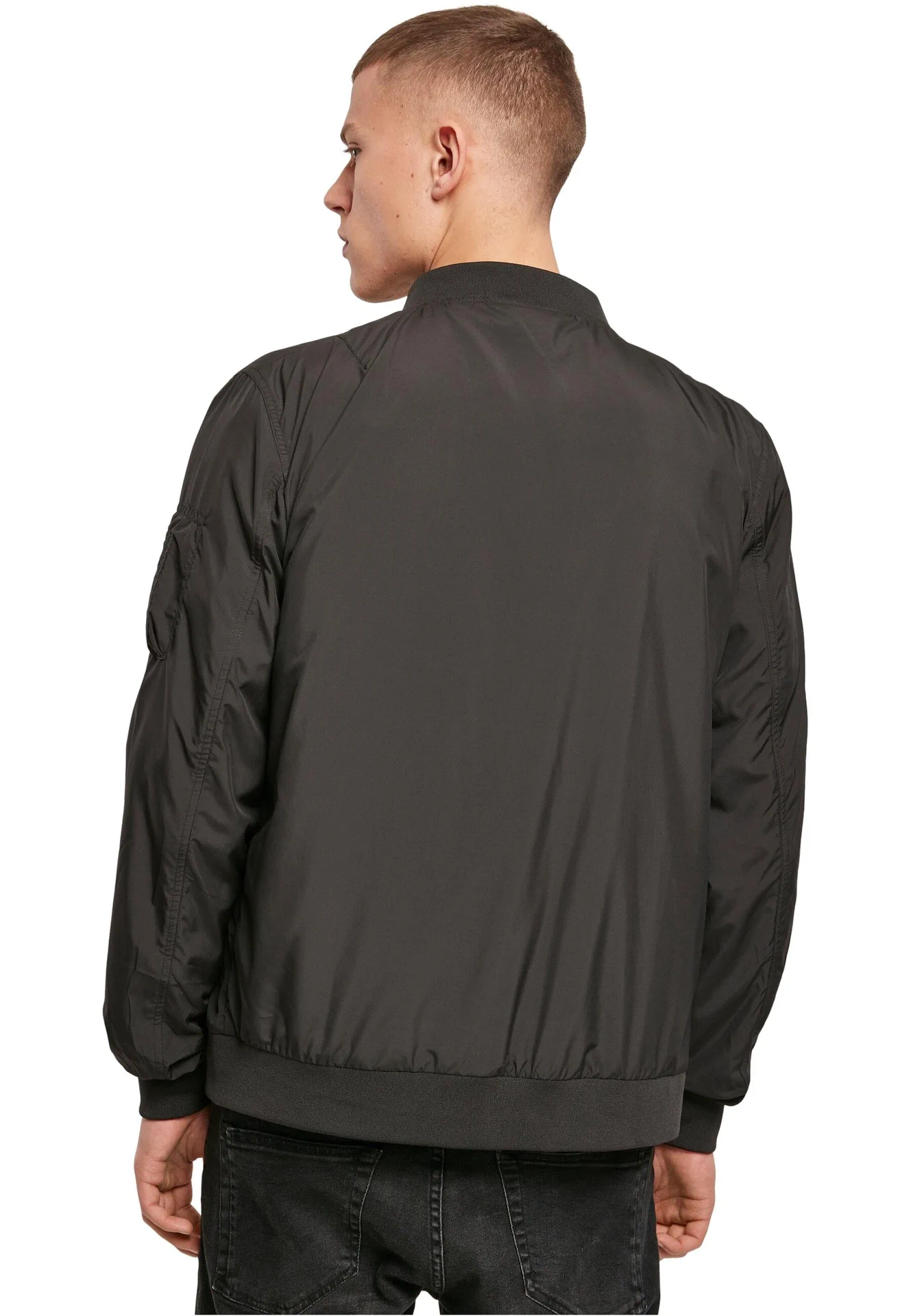 BYB-BY045-nylon-bomber-jacket-black-model-2 Build Your Brand Nylon Bomber Jacket