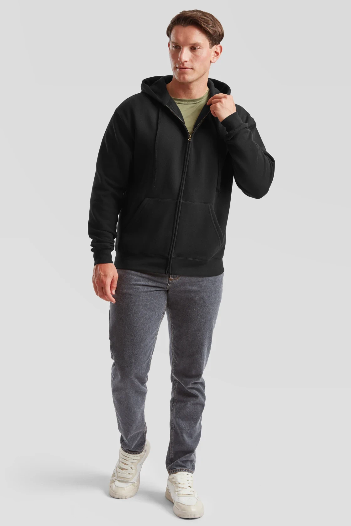 fruit-of-the-loom-62-034-0-premium-hooded-sweat-jacket-black-model-3 F.O.L. Premium Hooded Sweat Jacket