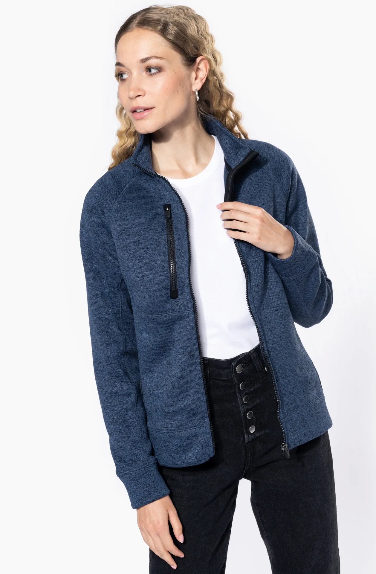 kariban-K9107-damen-melange-strickfleece-jacke-model-0 Kariban Damen Melange Strickfleece Jacke