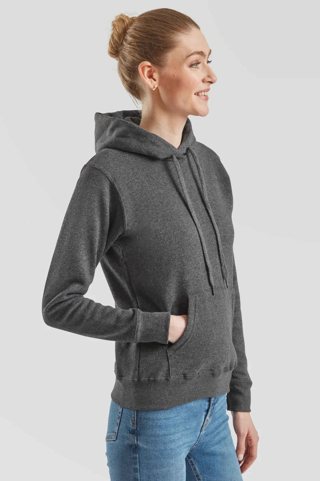 fruit-of-the-loom-62-038-0-ladies-classic-hooded-sweatshirt-darkheathergrey-model-1 F.O.L. Ladies Classic Hooded Sweat