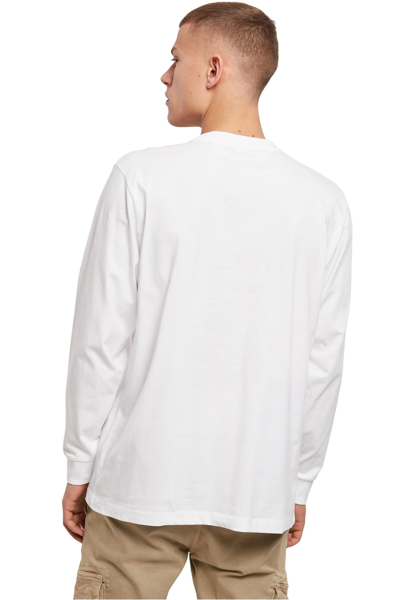 BYB-BY091-long-sleeve-t-shirt-with-cuffrib-white-model-2 Build Your Brand Long Sleeve Tee With Cuffrib