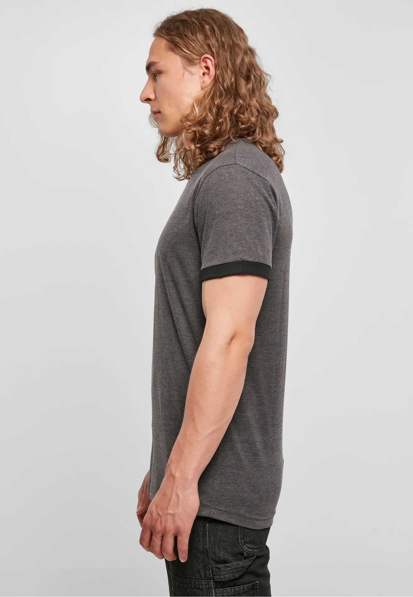 BYB-BB022-mens-ringer-t-shirt-charcoal-black-model-1 Build Your Brand Ringer Tee