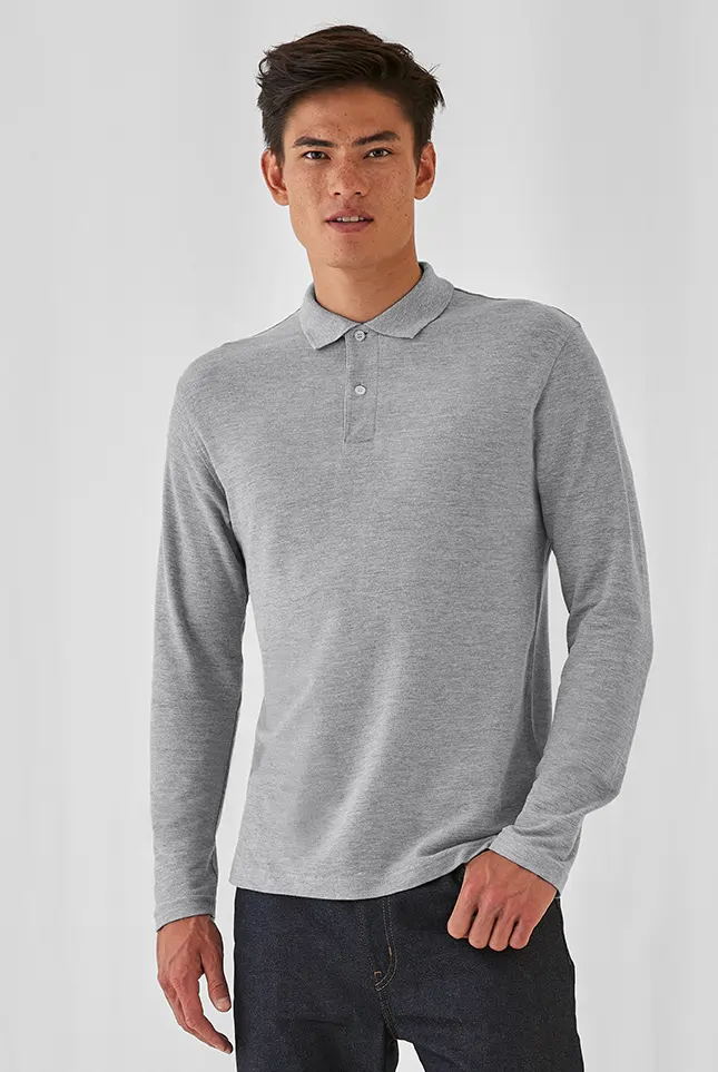 bc-pui12-id001-longsleeve-heather-grey-model-1 B&C Long Sleeve Polo ID.001 Men's