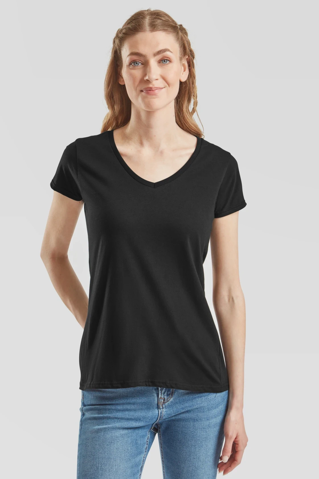 fruit-of-the-loom-61-444-0-ladies-iconic-150-v-neck-t-shirt-black-model-0 F.O.L. Ladies Iconic 150 V Neck T