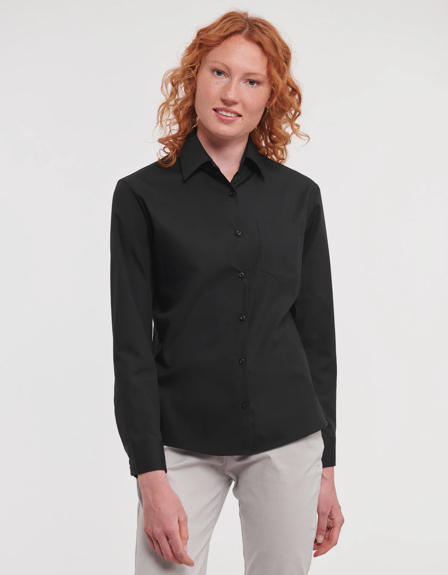 russell-r936f-ladies-ls-pure-cotton-easy-care-poplin-shirt-black-model-1 Russell Ladies Long Sleeve Pure Cotton Easy Care Poplin Shirt