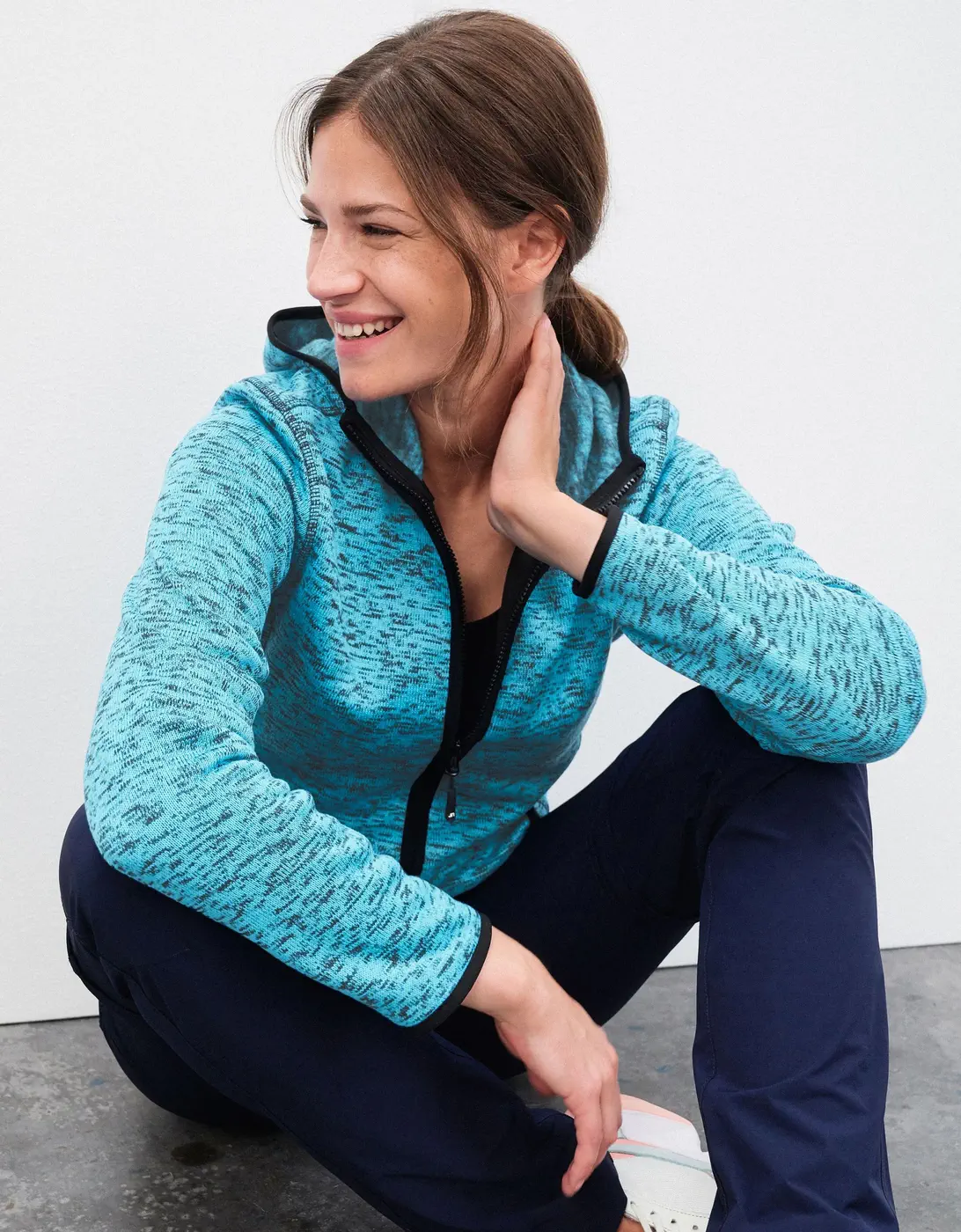 jn588-ladies-knitted-fleece-hoody-bluemelange-model-1 James & Nicholson Ladies Knitted Fleece Hoody