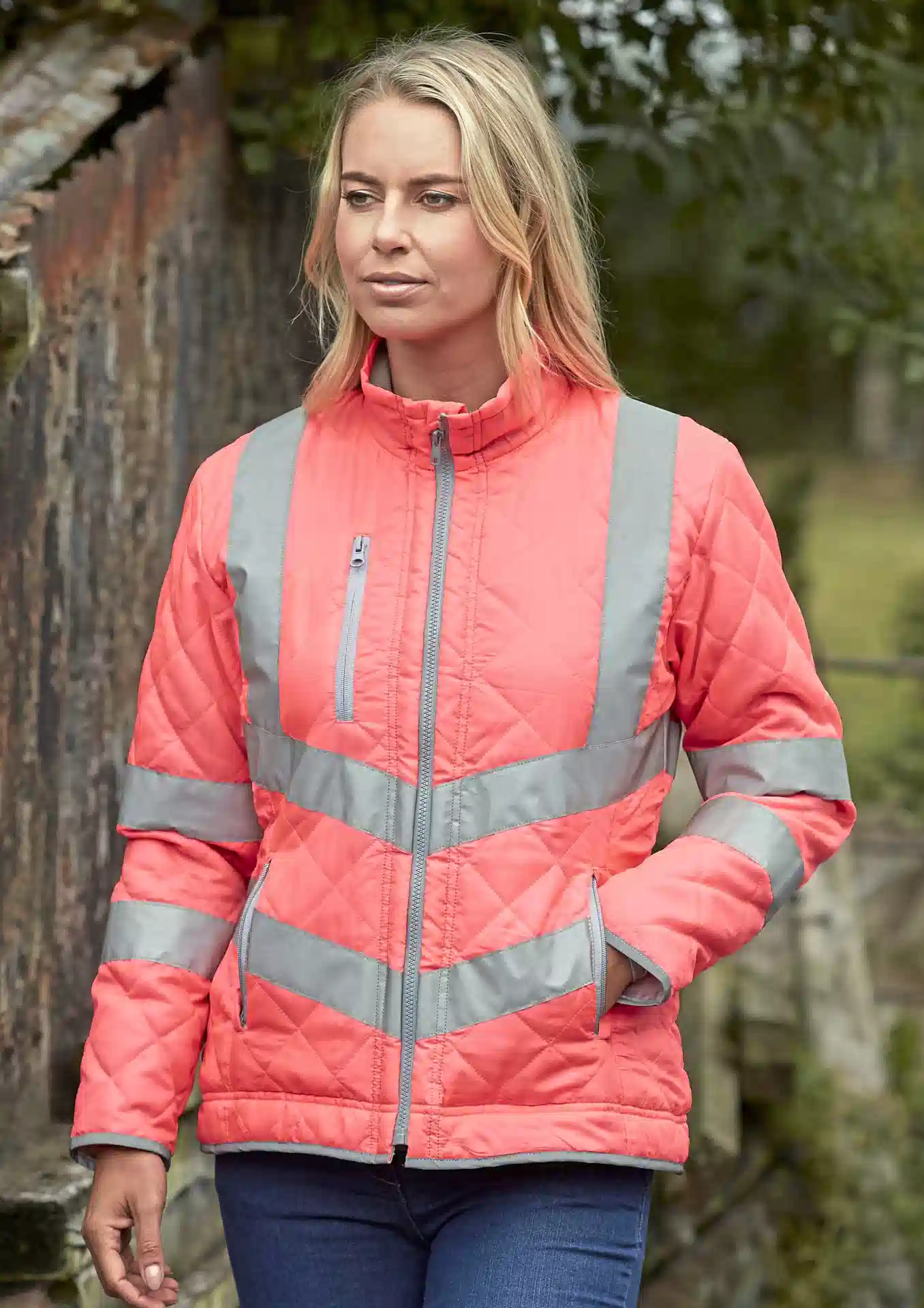 yoko-hvw706-hi-vis-kensington-jacket-with-fleece-lining-pink-model-1 YOKO Hi Vis Kensington Jacket (with Fleece Lining)