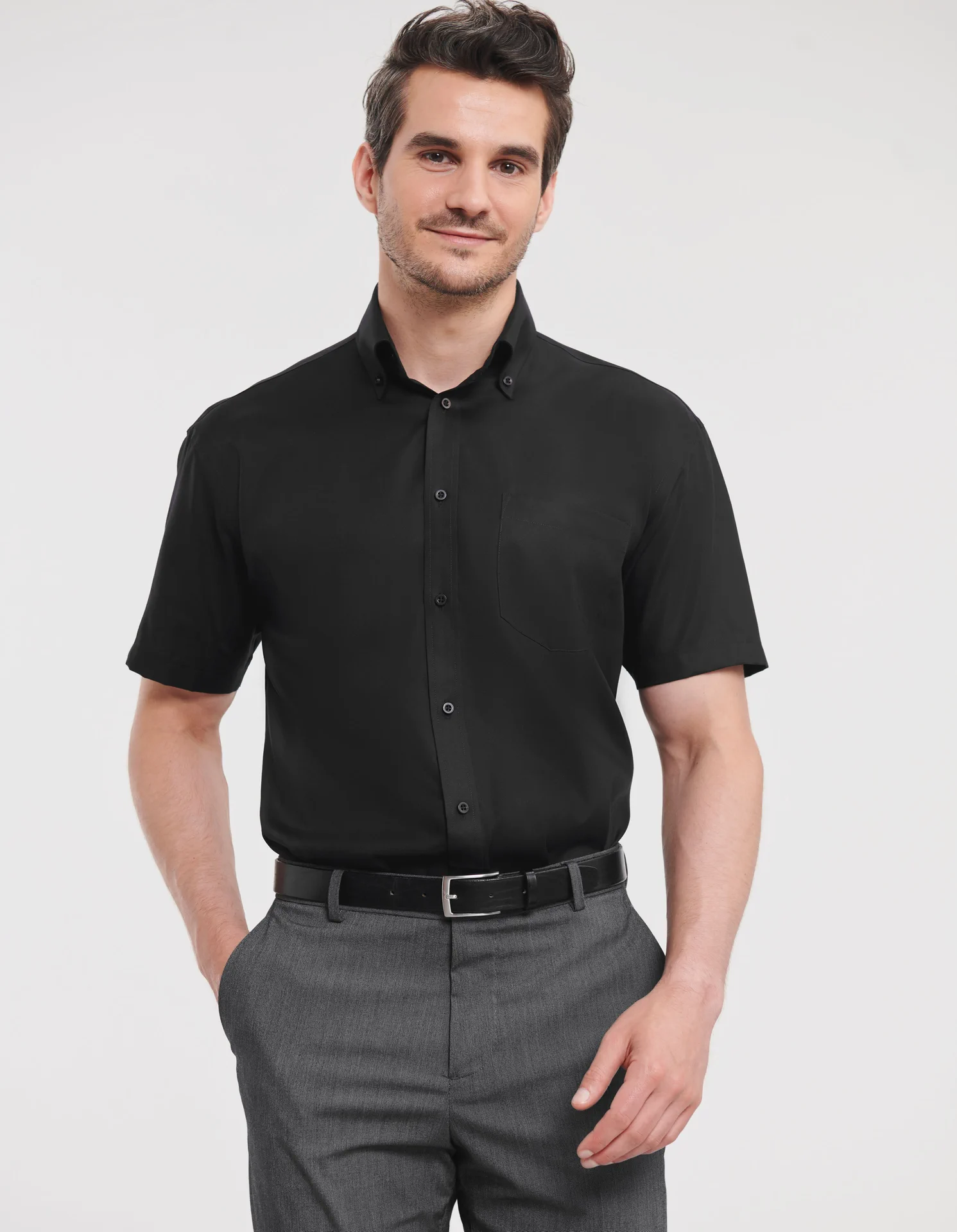 russell-r957m-mens-short-sleeve-ultimate-non-iron-shirt-black-model-1 Russell Men's Short Sleeve Ultimate Non-Iron Shirt