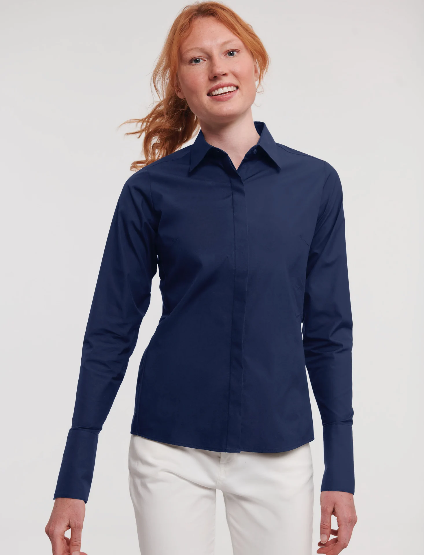 russell-r960f-ladies-ls-ultimate-stretch-shirt-brightnavy-model-1 Russell Ladies Long Sleeve Ultimate Stretch Shirt