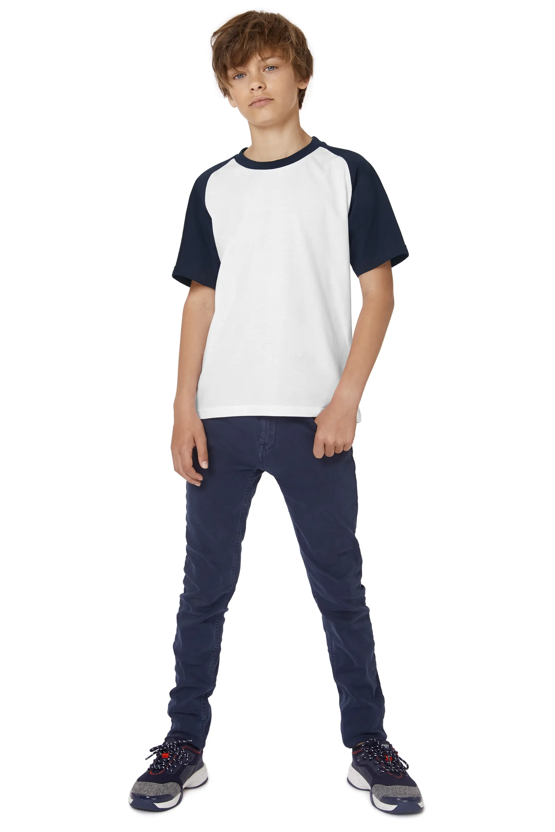 bc-tk350-base-ball-kids-t-shirt-navy-white-model-2 B&C T-Shirt Base-Ball Kids